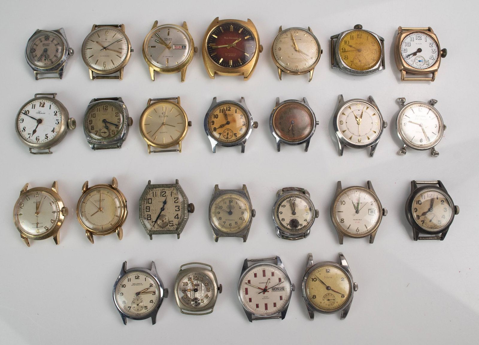 (25+) mens wristwatches: (25+) mens wristwatches, GF & base metal cases, some running, some not, manual and automatic wind, Hamilton, Elgin, Gruen, many more