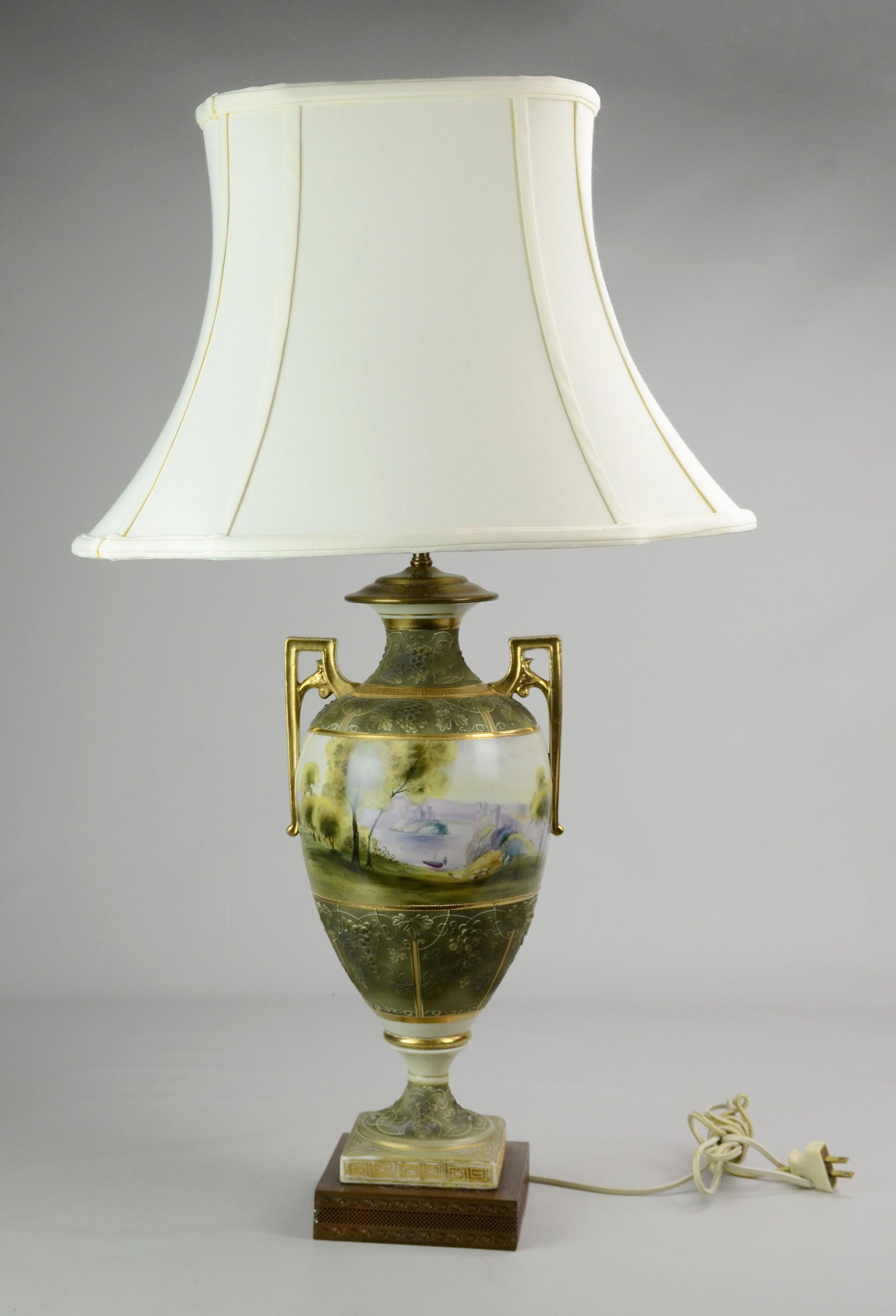 Nippon Style Urn Form Porcelain Vase Lamp: Nippon style porcelain urn form vase table lamp, hand painted castle lake scene, vase 16-1/4" h, 32" h overall
