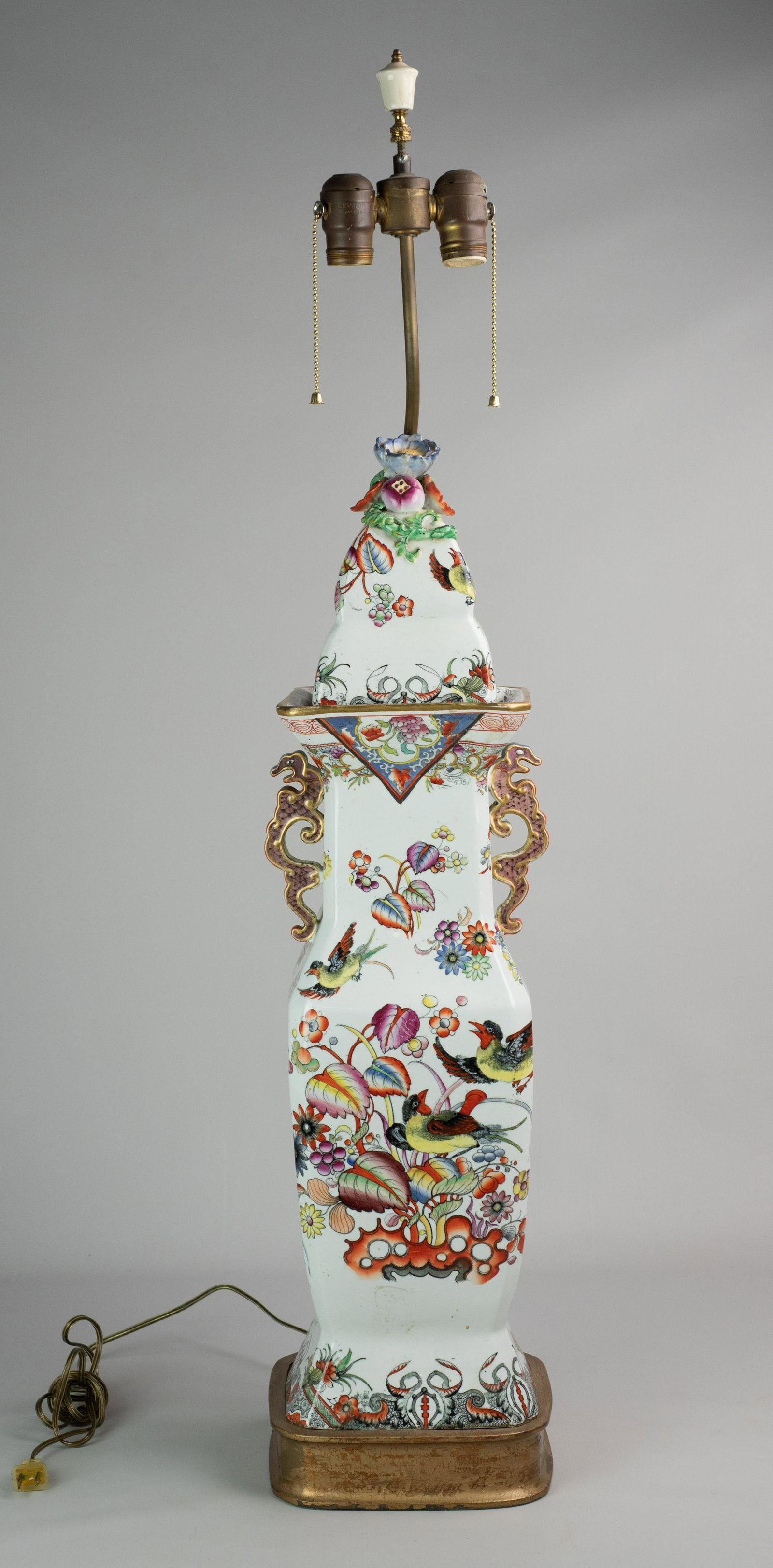 English Urn Form Mason Ironstone Lamp: English urn form mason ironstone lamp on brass base with fruit lid and double handle dragons at neck, 29" H.