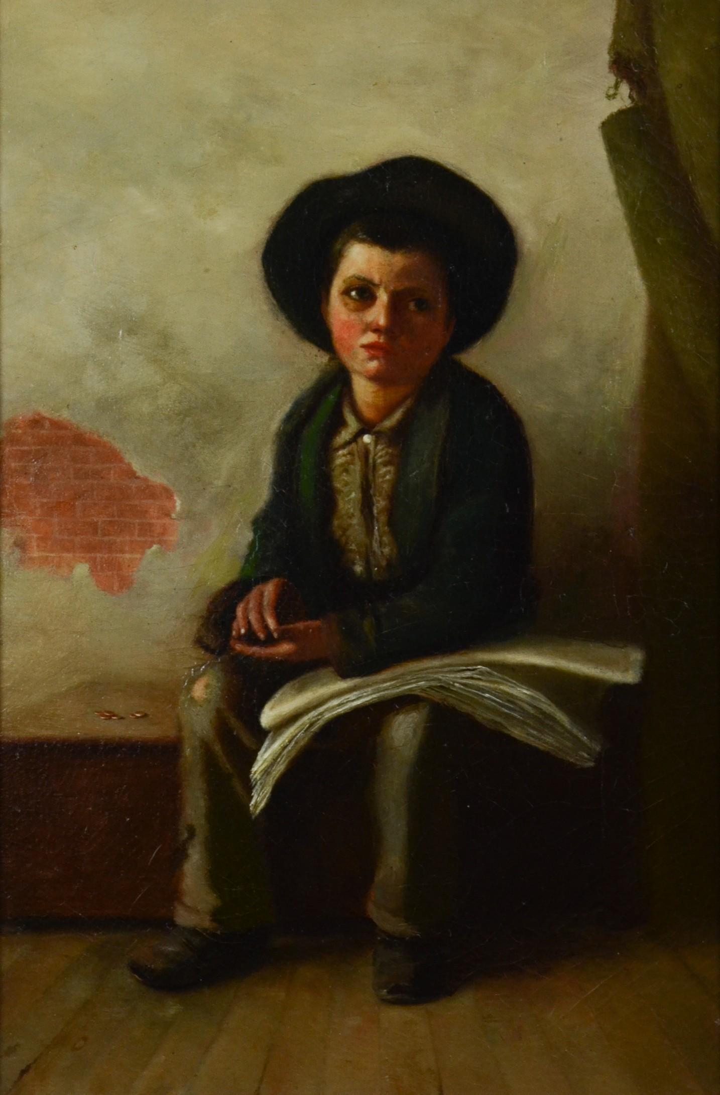 19th C. Painting of a Young Boy: 19th C. painting of a young boy, oil on canvas, no visible signature, 18" x 12", framed size 23" x 17", old restoration, age cracking