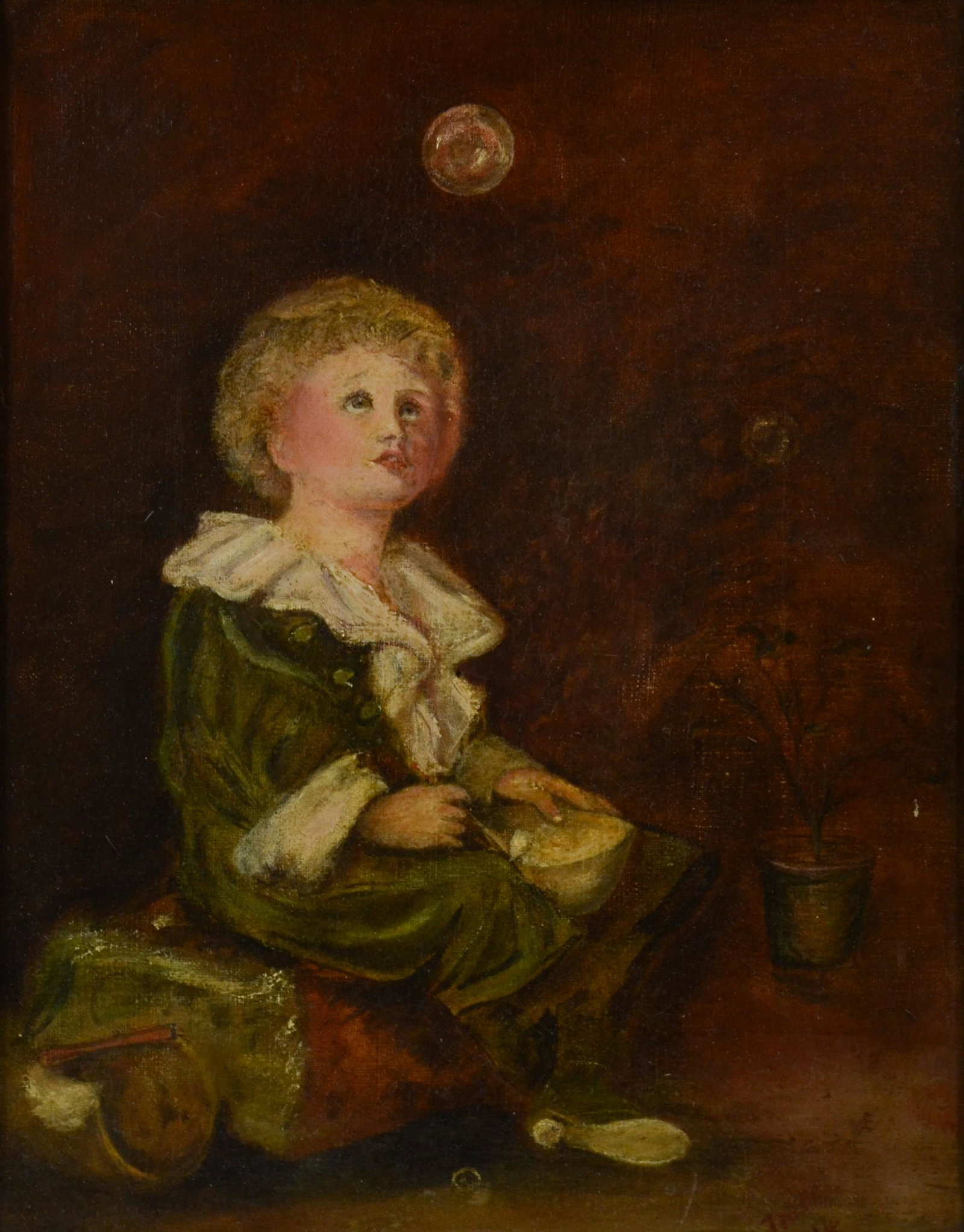 After J. E. Millais Painting "Bubbles": After J. E. Millais painting "Bubbles", oil on canvas, signed "J. V. H", measures 12" x 9", framed 14-1/2" x 12", good condition, wear to frame