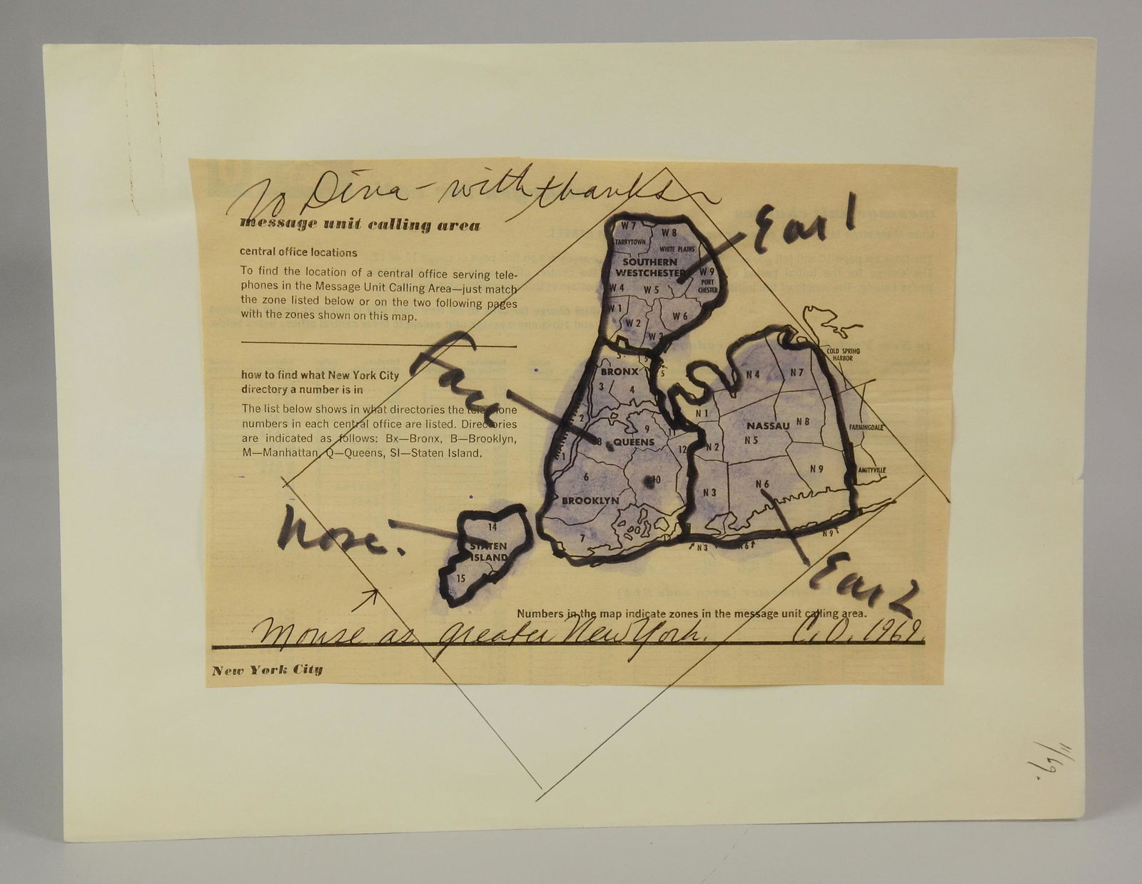 Claes Oldenburg Mixed Media Artwork "Mouse as Greater: Claes Oldenburg (American, born 1929) Mixed Media Map Artwork "Mouse as Greater New York", ink and watercolour and marker on telephone book page, signed C.O. 1969, acquired from the estate of artist's