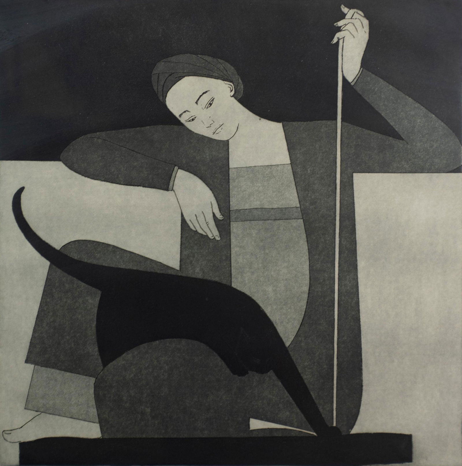 Will Barnet Aquatint Etching " woman, Cat, and String": Will Barnet (American, 1911-2012) Watching " women, Cat, and String", aquatint on paper, pencil signed " will Barnet 1980, edition 30/50", sheet measures 30-1/8" X 19-7/8", framed sized 28-1/2" x 27-7