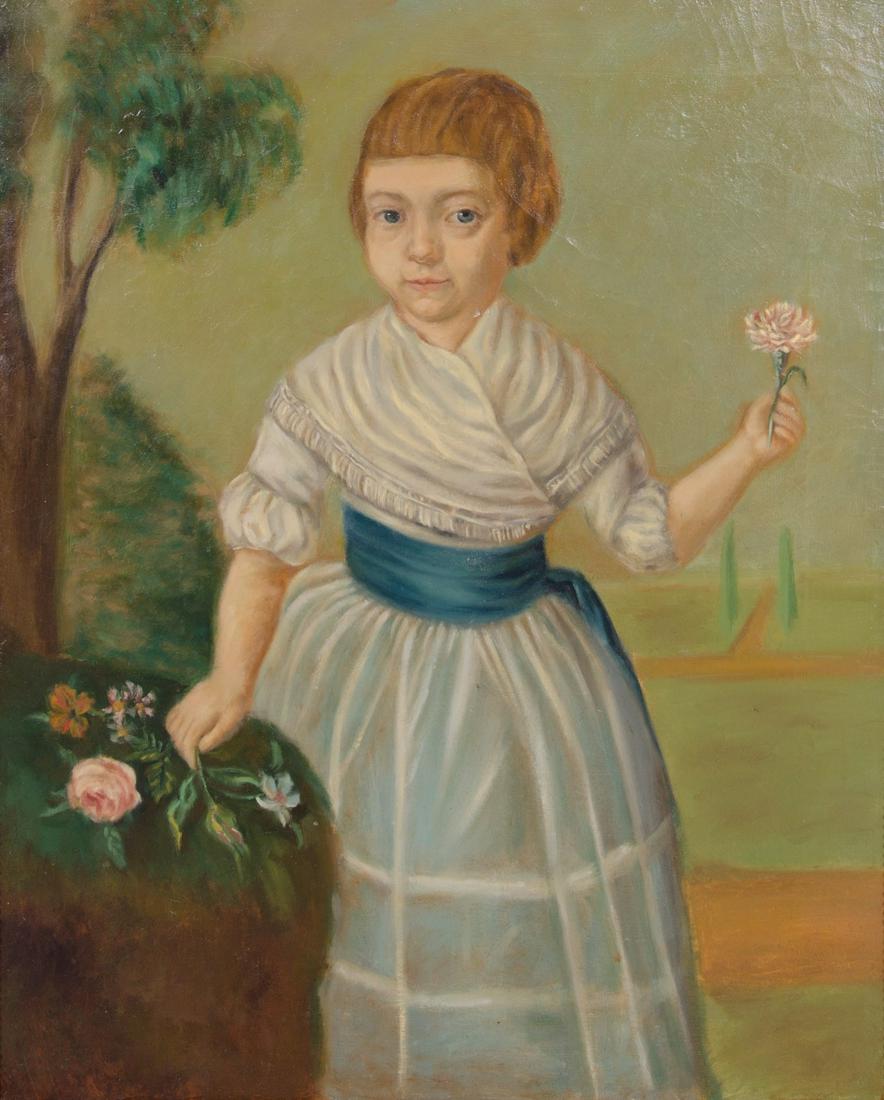19th c. Portrait Painting of a Young Girl with Flowers: 19th Century Portrait Paintings of a Young Girl With Flowers, oil on canvas, unsigned, Painting measures 30" X 24", framed size 35-1/2" X 29-1/2"; good condition with evidence of old restoration, inpa