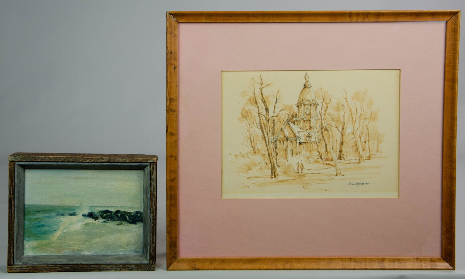 (2) Artworks by Gwen Scott and Edward Basker: (2) Artworks: Gwen Scott and Edward Basker; "N.J. Beach", oil on canvas, signed "G.S." and measuring 6-1/2" X 8-1/2"; "Notre Dame", ink and watercolour, signed Edward Basker, measures 8-1/2" X 11-3/4"