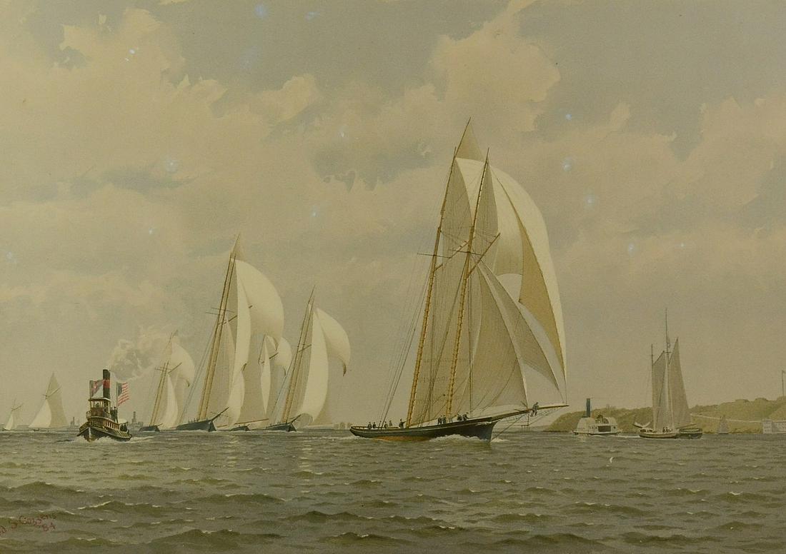 Frederick Cozzens "The Finish off Staten Island": Frederick Cozzens (American, 1846-1928) Yachting Print "The Finish off Staten Island", chromolithograph on paper mounted on board, signed in plate "Fred S. Cozzens '84", mounted in oak frame, sheet me