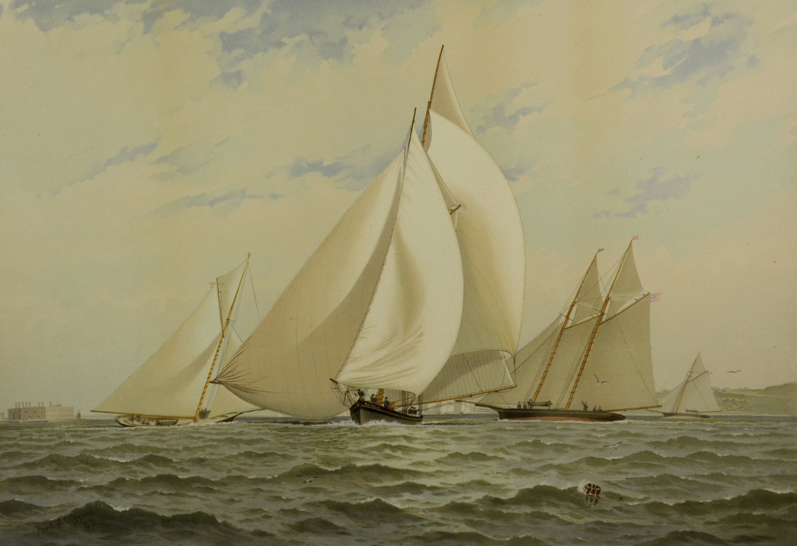 Frederick Cozzens Print "Crossing the Line": Frederick Cozzens (American, 1846-1928) Yachting Print "Crossing the Line, Coming, Montauk, Comet and Kelpie", chromolithograph on paper mounted on board, signed in plate "Fred S. Cozzens '84", inscri