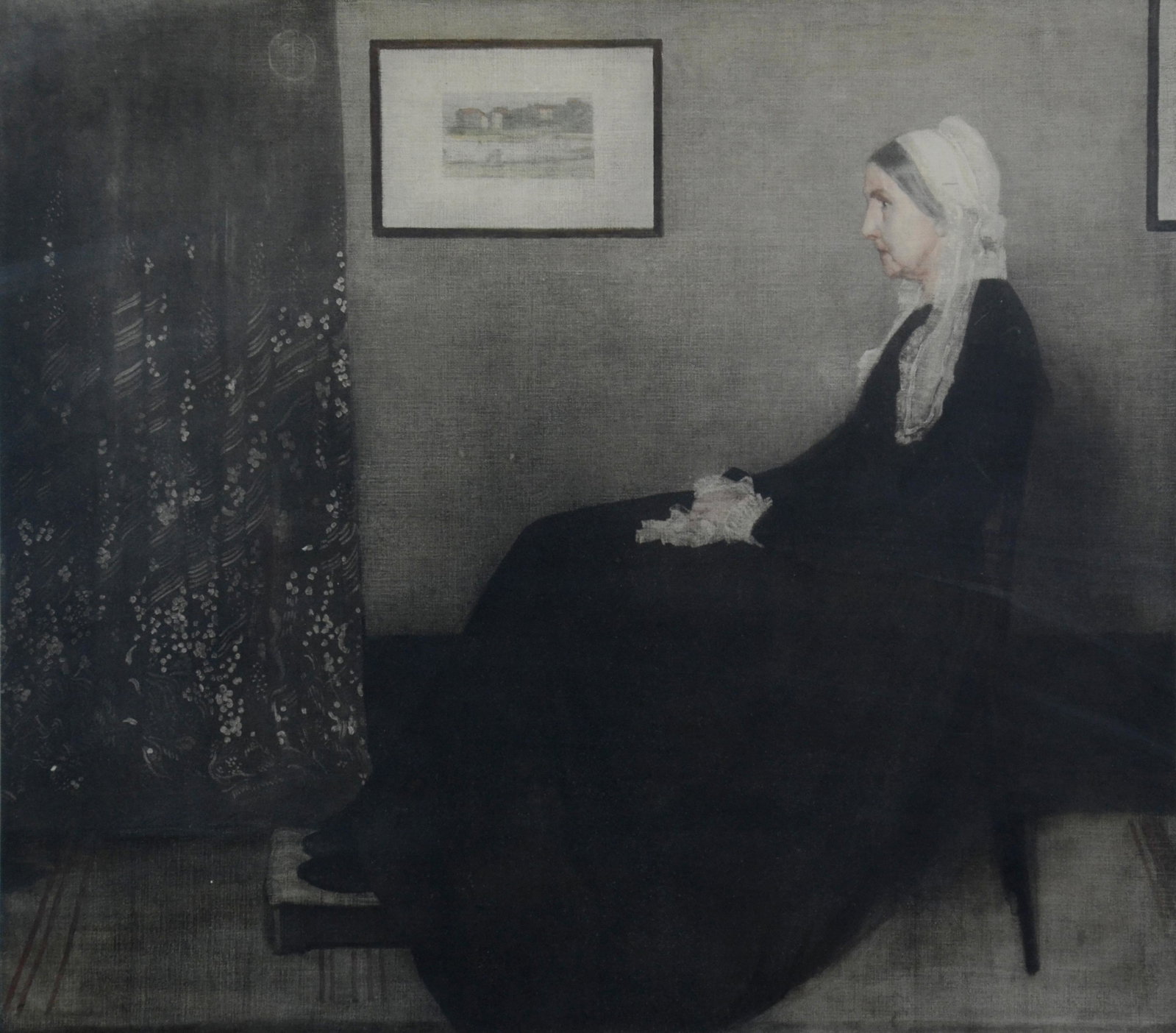 After James McNeill Whistler "whistler's Mother"Print: After James McNeill Whistler " whistler's Mother Print, photogravure on paper, blindstamp for "Burlington Proof", 19-1/4" x 21-7/8" image, framed 33" x 35", good condition with mat burn, some gesso da