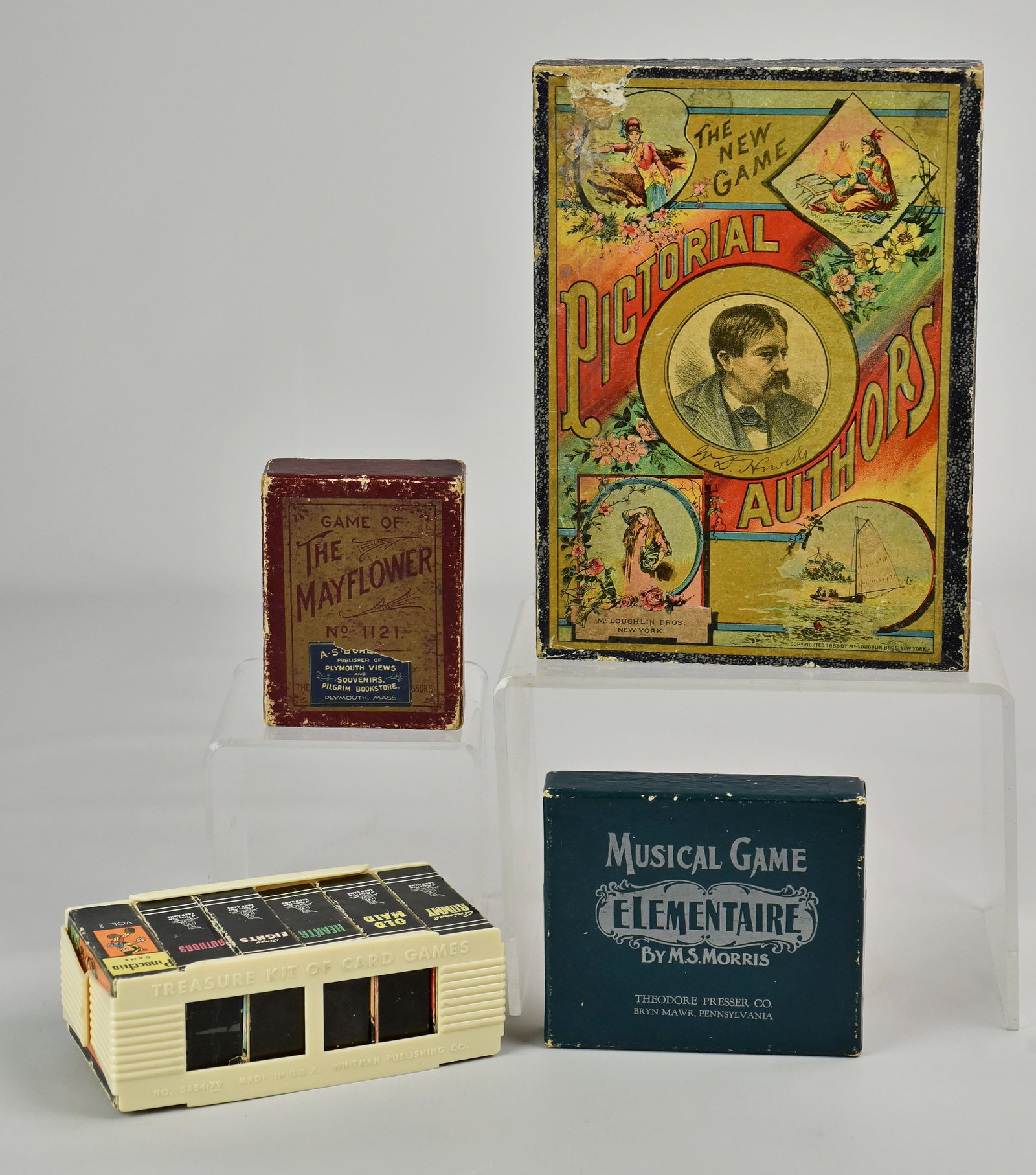 Lot of Vintage Toys: Lot of vintage toys, including McLoughlin Bros The New Game Pictorial Authors, Fireside Game Co Game of the Mayflower No 1121, Theodore Presser Co Musical Game Elementaire by MS Morris, Whitman Publis