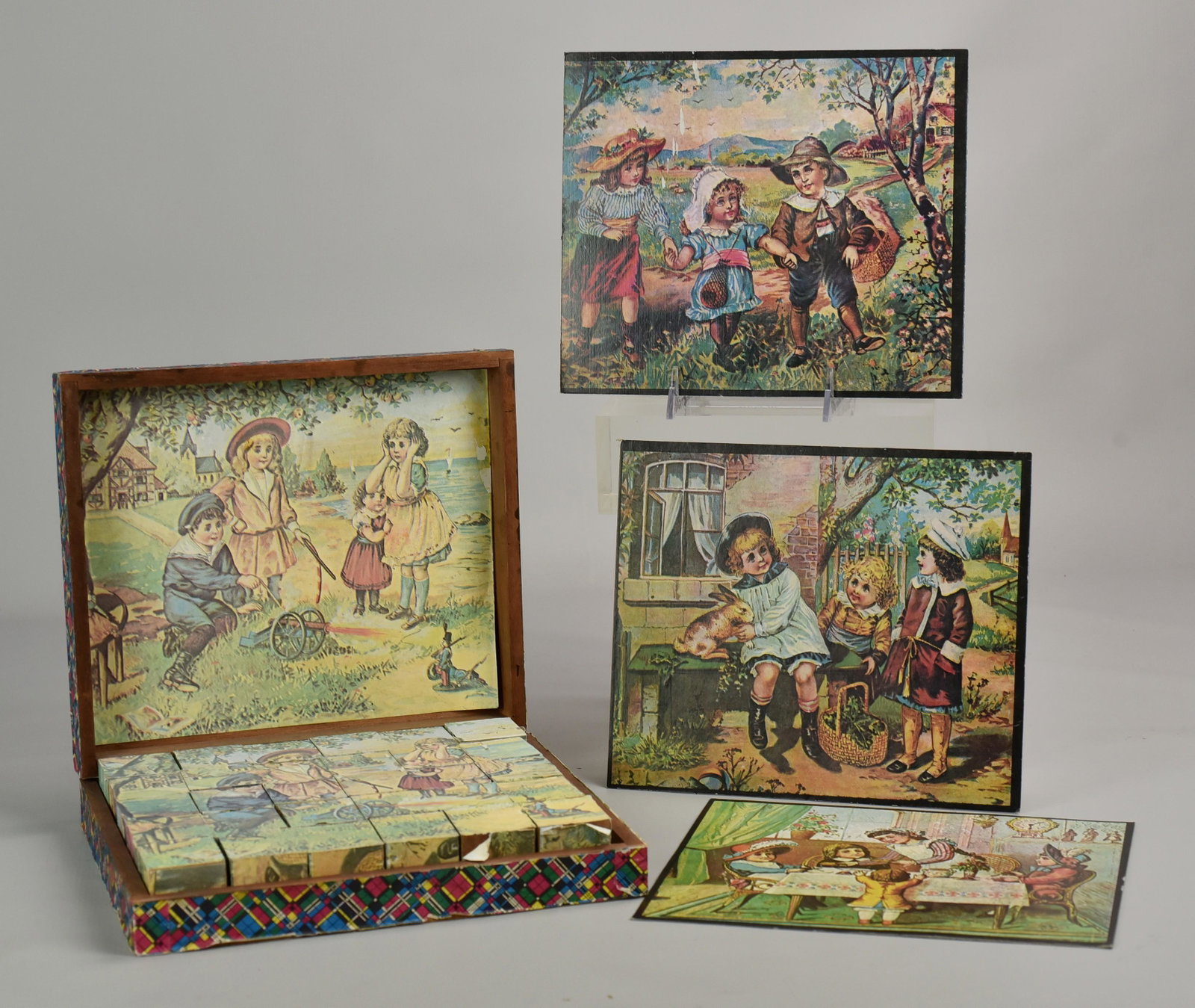 Vintage Wood Puzzle Blocks: Vintage wood puzzle blocks, 30 blocks with paper lithograph sides, 3 cardboard double-sided pictures, 10-1/2" x 9" x 2-1/4" h, some wear around edges of blocks & box