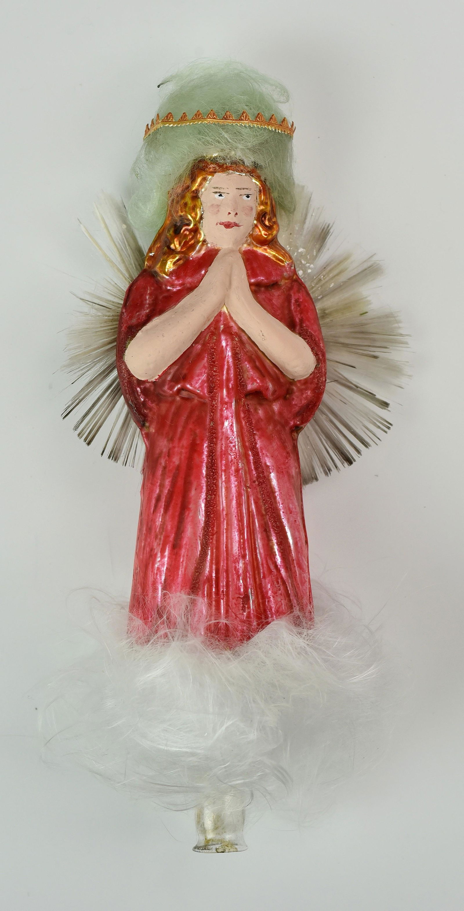 Angel Tree Topper Christmas Ornament: Angel tree topper Christmas Ornament in long red robe, spun glass wings