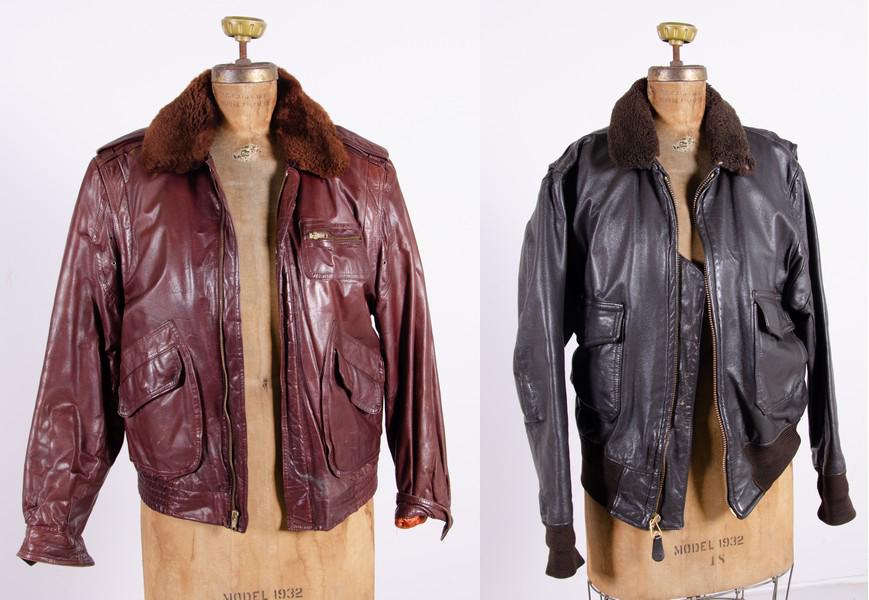 (2) Vintage Leather Bomber Jackets: (2) Vintage leather bomber jackets c/o Silton cordovan coat with faux fur collar and Sportys Pilot Shop brown leather bomber size 42, both in vintage condition.