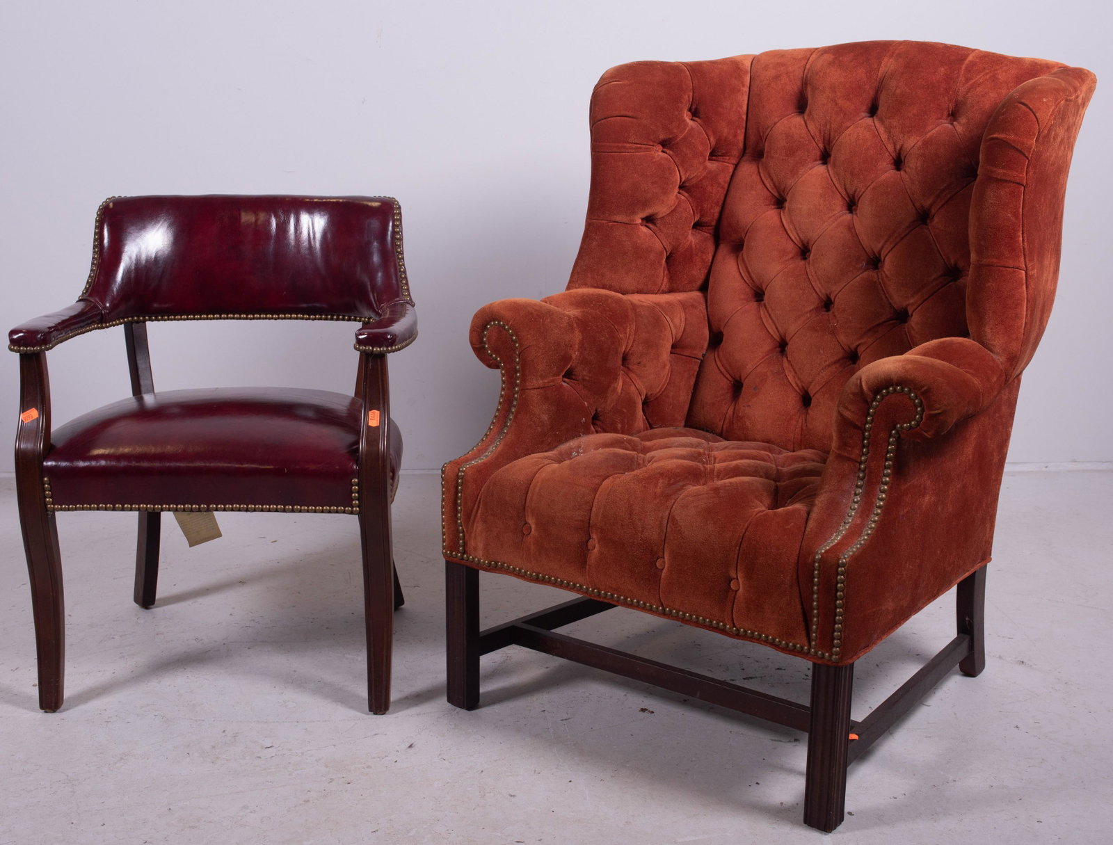 Chippendale style wing chair, Leathercraft office chair: Chippendale style tufted wing chair, orange tufted suede upholstery, along with Leathercraft office chair, red leather, wing chair 41" h, seat height 18" h