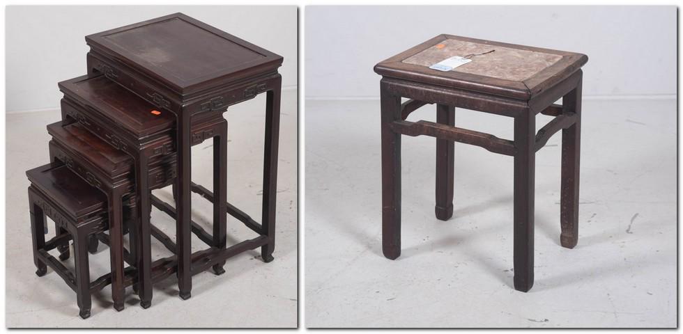 Nest 4 Asian carved wood top tables, marble top table: Nest 4 Asian carved wood top tables, marble top table, largest 28" h x 19-1/2" w x 14-1/4" d