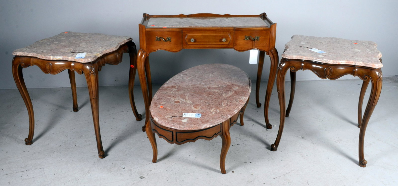 (4) pc French style marbletop table set: (4) pc French style marbletop table set, c/o coffee table, two side tables, console table, walnut finished base, pink marble tops, coffee table 16-1/4"h x 46"w x 24-1/4"d