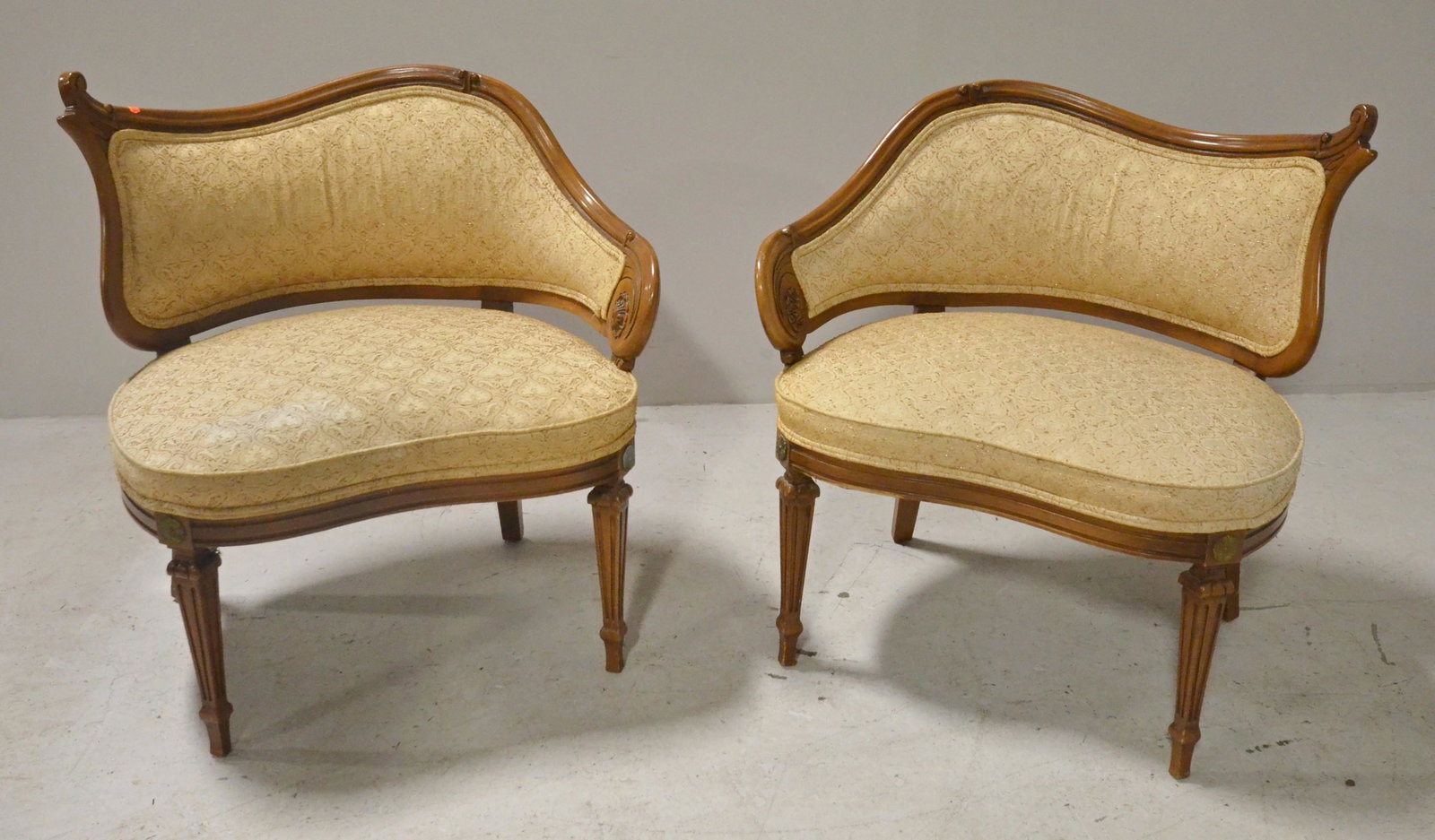 Pair Louis XVI style slipper chairs: Pair Louis XVI style slipper chairs, walnut carved frames, decorative upholstered seat and back, 32"h, seat height 19-1/2"h