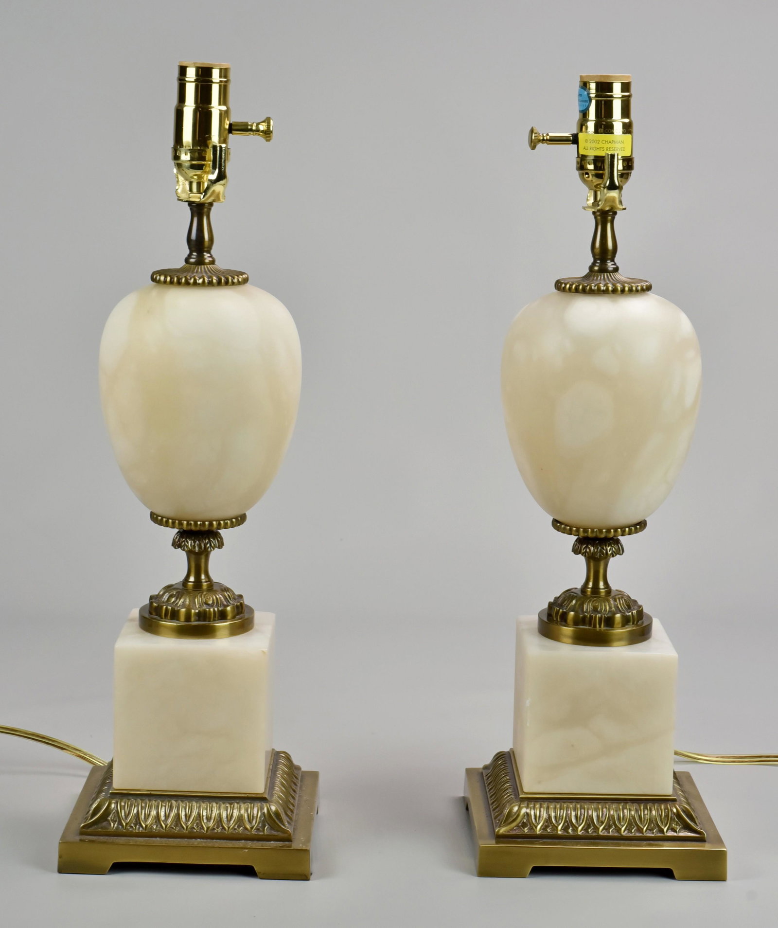 Pair Modern White Stone and Brass Lamps: Pair Modern White Stone and Brass Lamps (19" h)