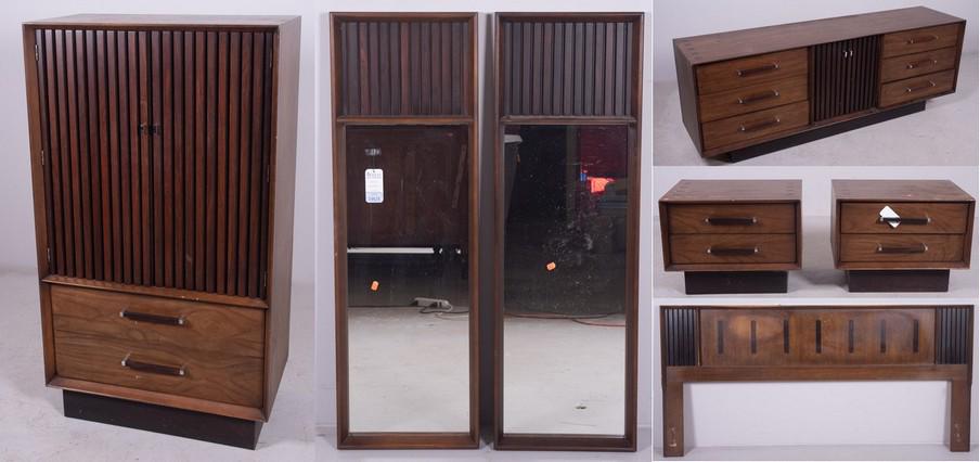 (7) pc Lane Modern Design BRS: (7) pc Lane Modern Design BRS, c/o pair mirrors, pair nightstands, dresser, wardrobe, King size headboard, rosewood and walnut, dresser 30" h x 78" w x 20" d, overall wear and scratches