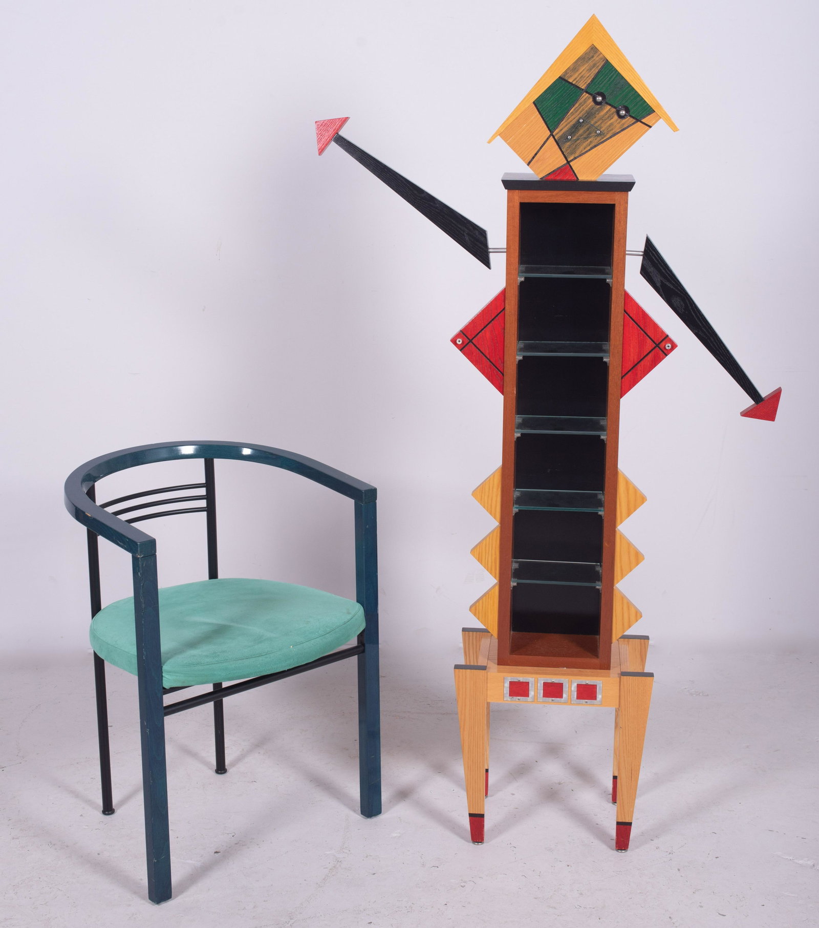 Tonon Modern armchair, Memphis style shelf: Tonon Modern Design armchair, along with Memphis style shelf, armchair 28" h, seat height 18" h