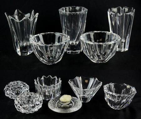 (11) Pcs Orrefors Crystal: (2) Pcs Orrefors crystal, c/o bowls, vases, votive candle holders, tallest 6"
