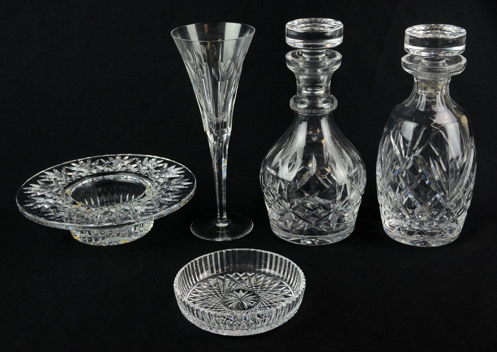 (5) Pcs Waterford Crystal: (5) Pcs Waterford crystal, c/o Colleen 5" dia bottle coaster, 8" dia flat rim bottle stand, Millenium Love champagne flute, (2) decanters,