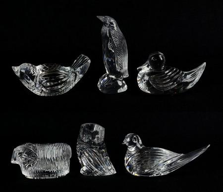 (6) Waterford Crystal Animal Paperweights: (6) Waterford crystal animal paperweights, c/o penguin, owl (w/chipped edge of base), sheep, duck, 2 birds, tallest 4-5/8"