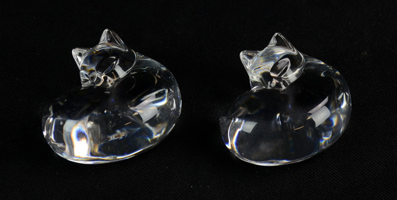 (2) Steuben Cat Hand Cooler Paperweights: (2) Steuben sleeping cat figurine hand cooler paperweights, 2-3/8" x 2" x 1-1/2" h