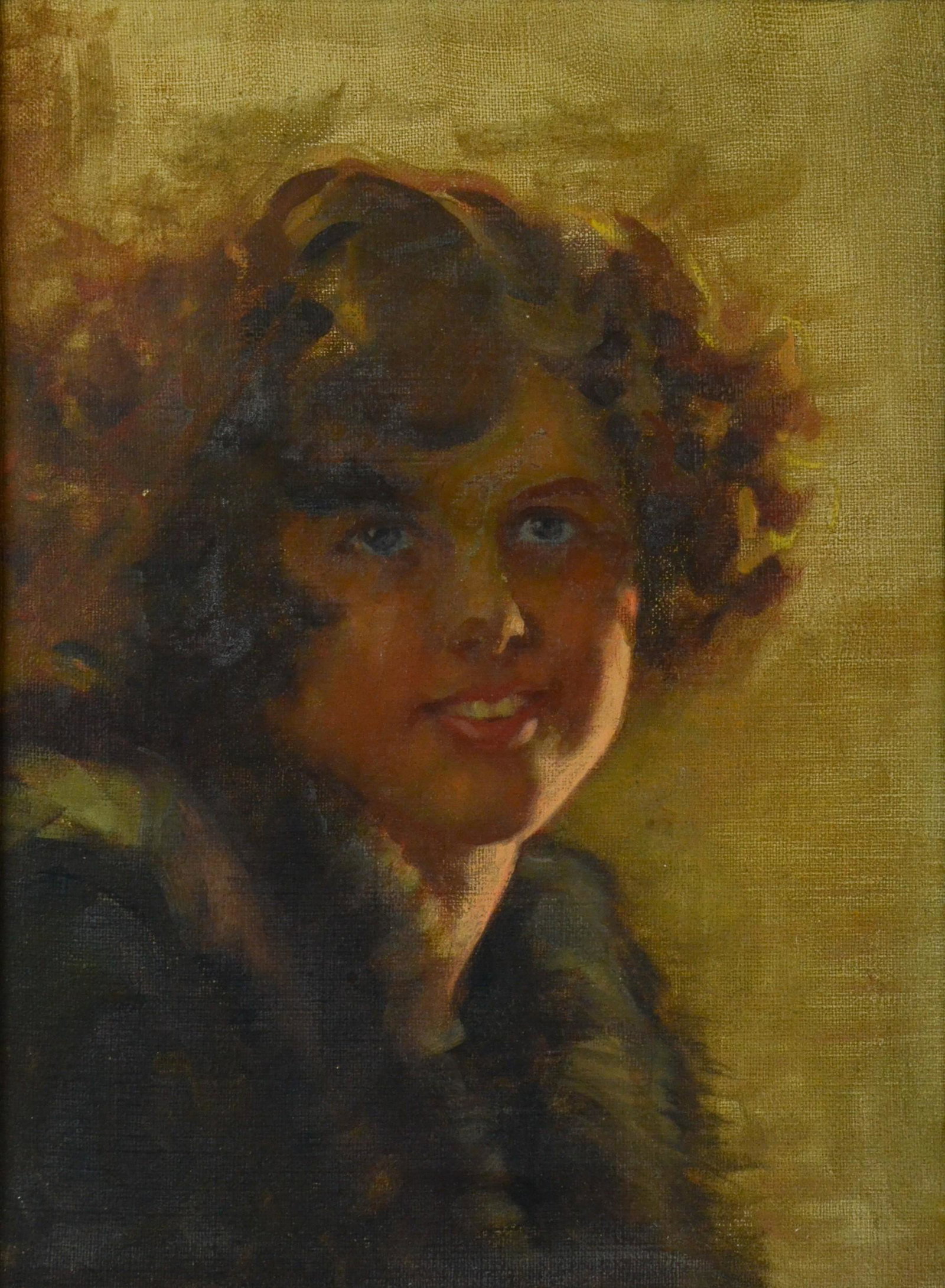 Oil Painting of a Young Girl: Oil painting of a young girl, oil on canvas, unsigned, mounted in gold painted gesso frame, 16" x 12", framed 24-1/2" x 20-1/2", good condition with scratch on nose, some gesso damage
