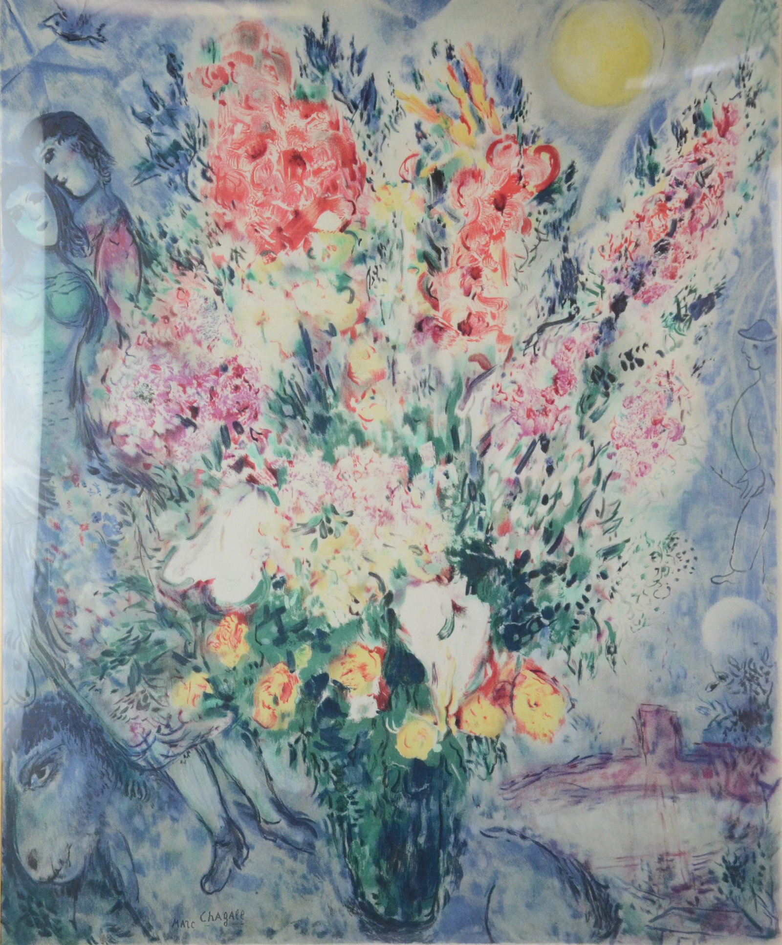 After Marc Chagall Lithograph "Bouquets des Fleurs": After Marc Chagall lithograph "Bouquets des Fleurs", color lithograph on paper, signed in plate, 27-3/4" x 22-5/8" sight, framed 34-3/4" x 29-3/4", good condition