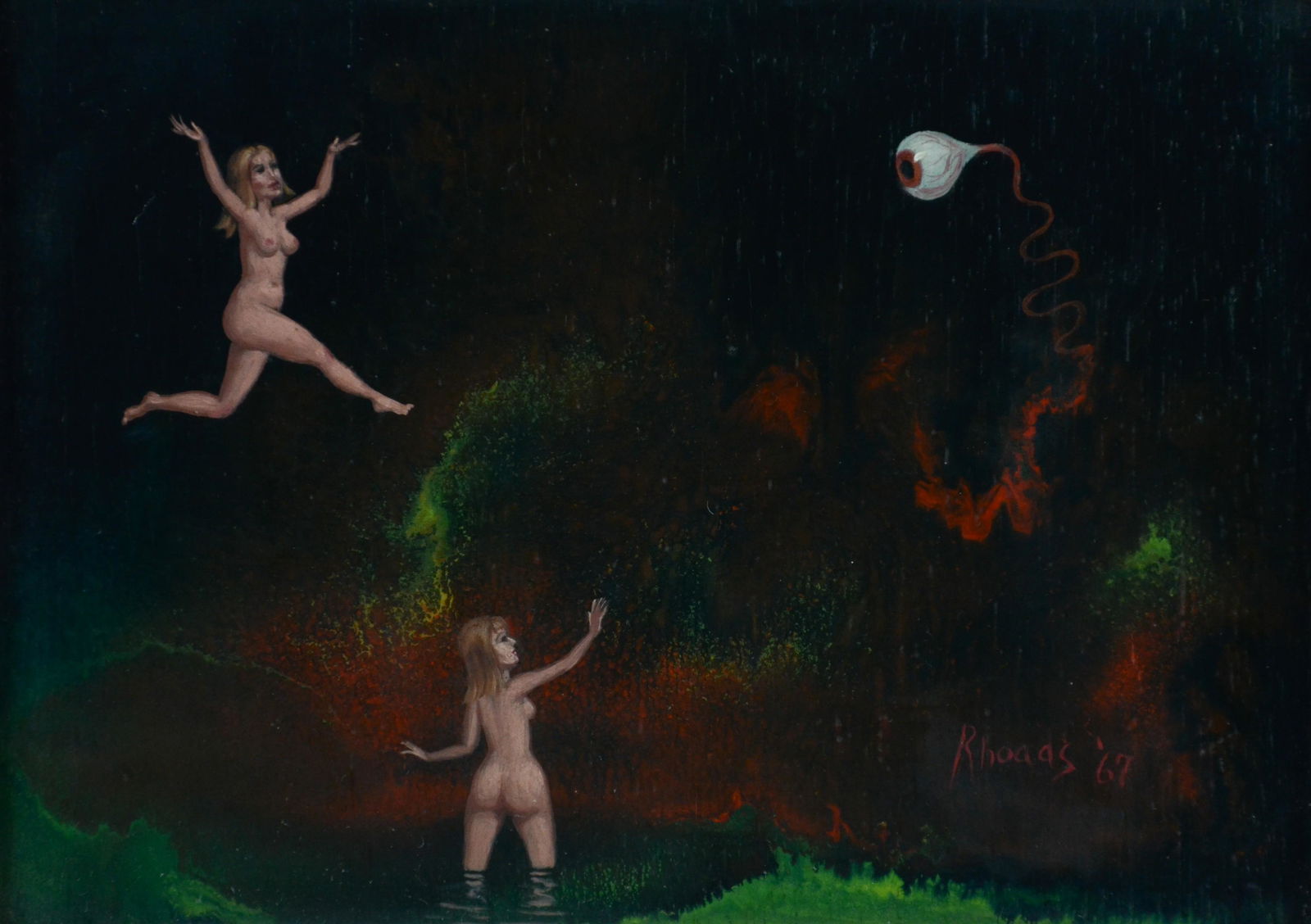 George Rhoads Surrealist Painting with Nudes: George Rhoads, 20th C. Surrealist painting with nudes, oil on panel, signed "Rhoads '67", 6" x 8", framed 12-1/2" x 14-1/2", good condition
