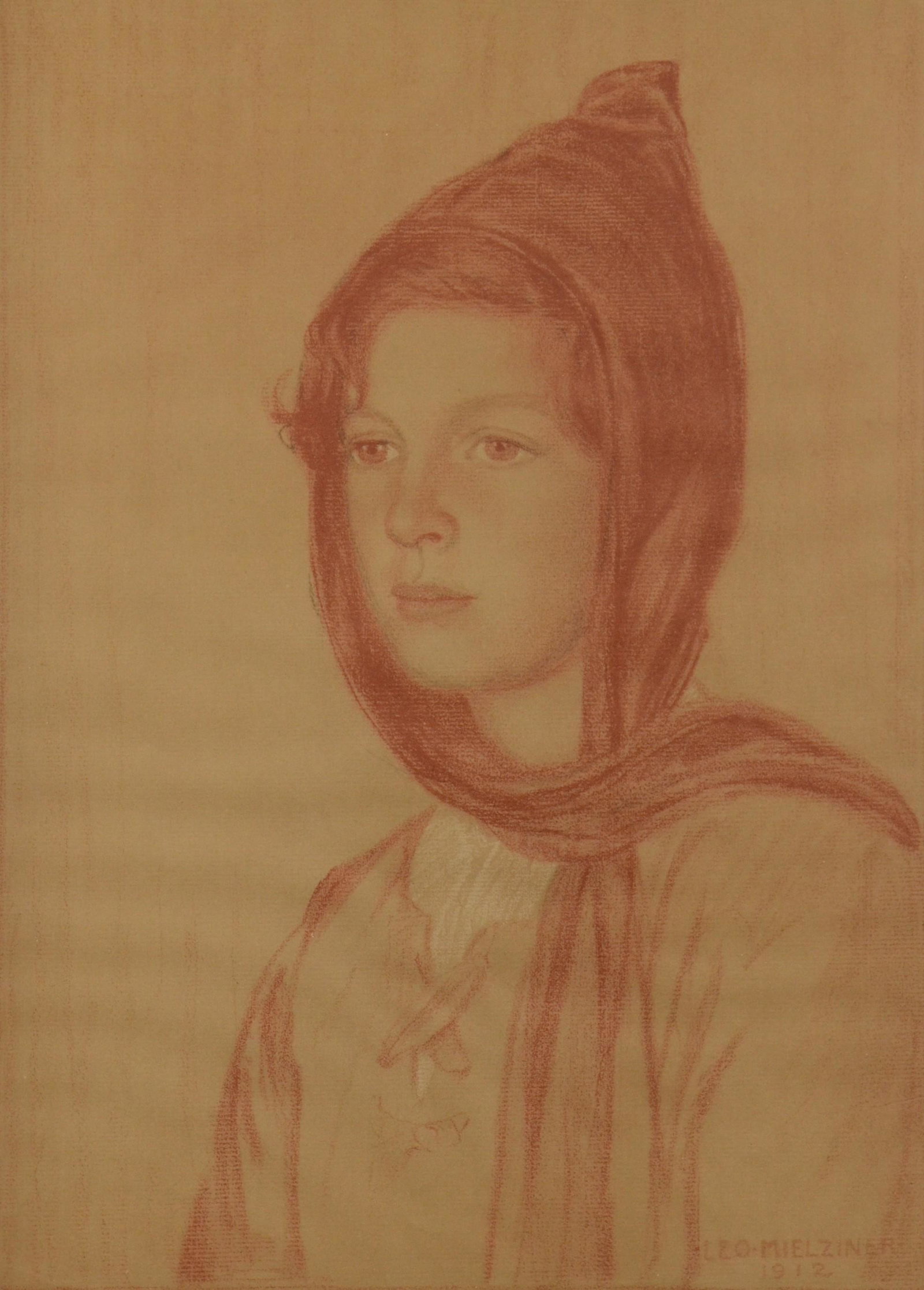 Leo Mielziner Drawing of a Young Girl: Leo Mielziner (American, 1869-1935) drawing of a young girl, conte crayon on laid paper, signed "Leo Mielziner 1912", 16" x 12" sheet, frame size 20-1/4" x 16-1/4"