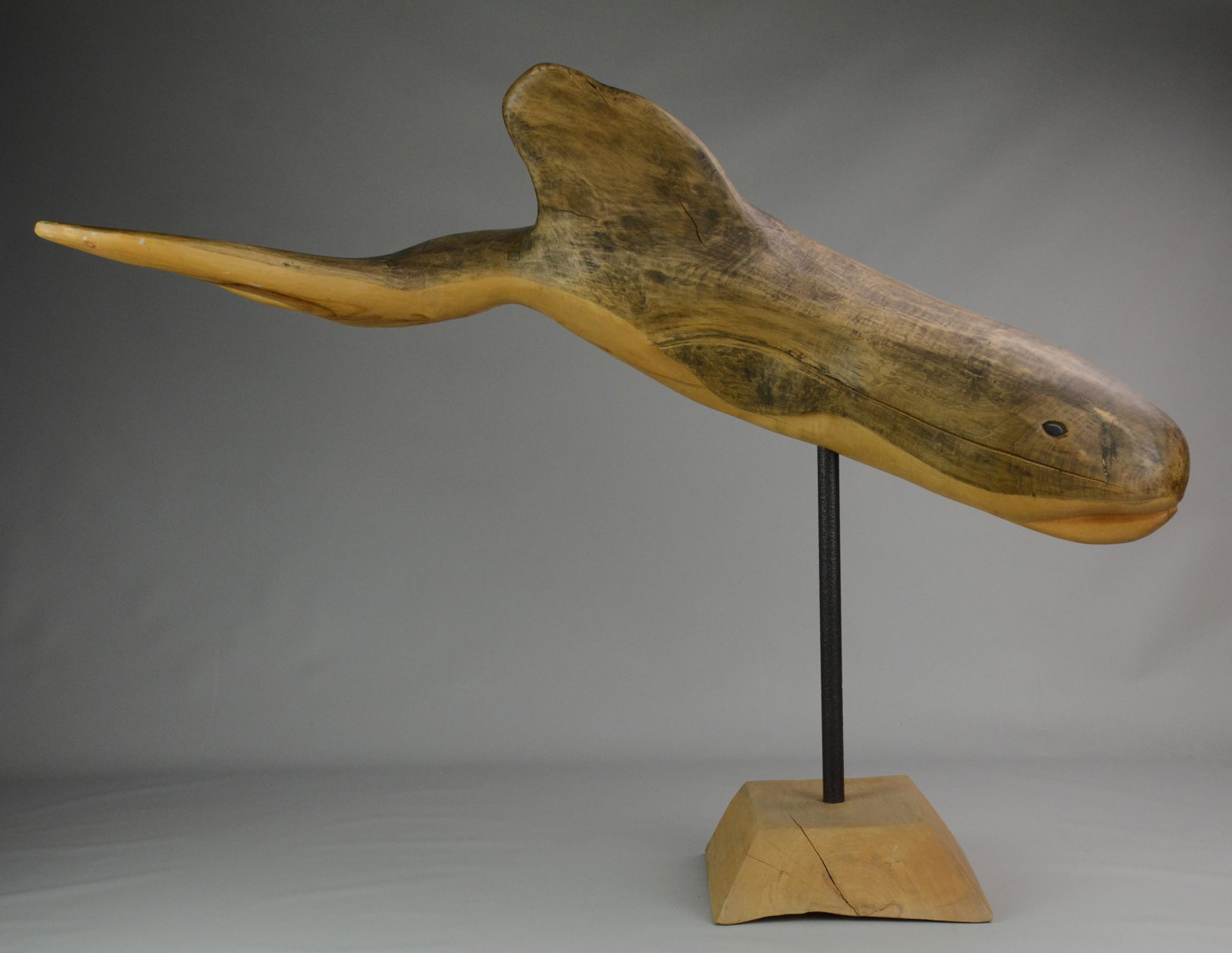 John Scarola Driftwood Whale: John Scarola driftwood whale sculpture on pedestal. Grey stained minimally carved figure on natural wood base, signed by the artist underside, 'John Scarola', 3ft1x2ft4, w/ hairlines on figure & pedes