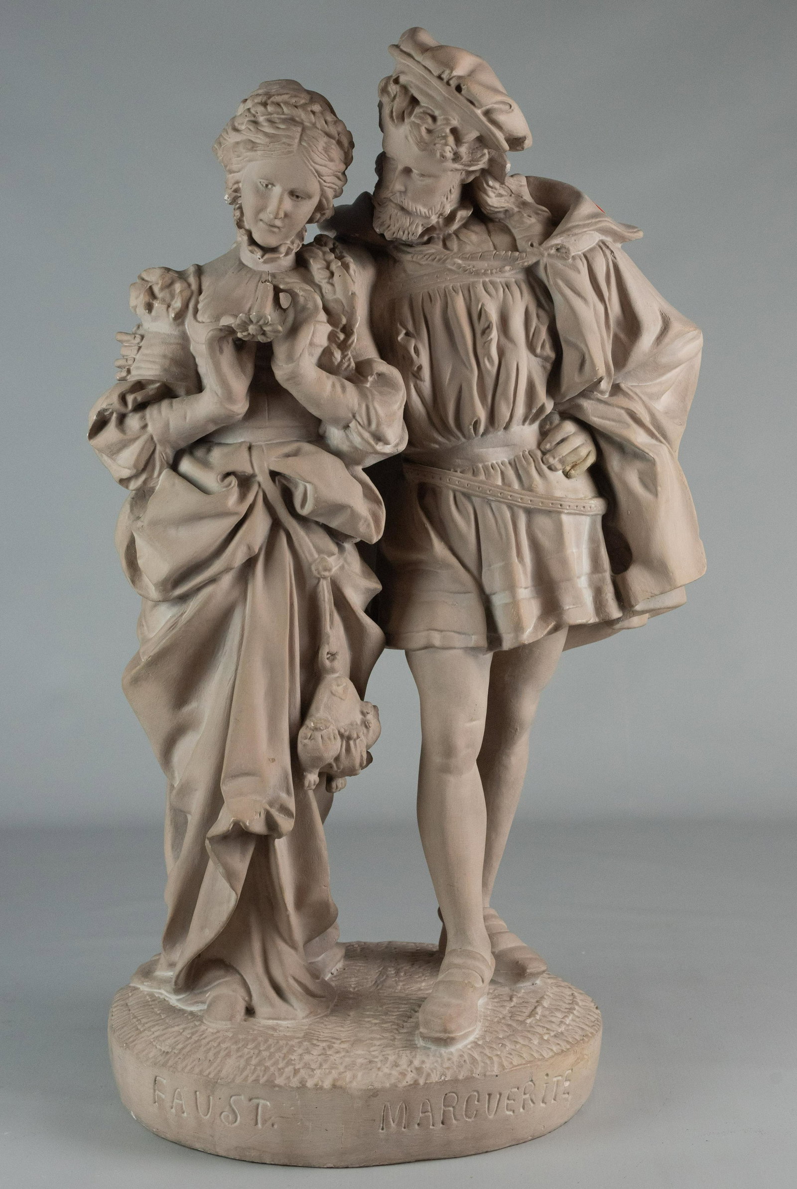 Faust & Marguerite Plaster Cast Sculpture: "Faust & Marguerite" plaster cast sculpture, unpainted named on conforming base, 26" h