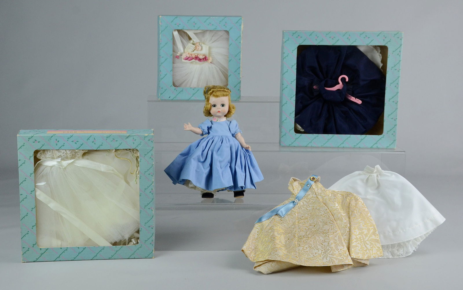 Madame Alexander Cissette Doll & Accessories: Madame Alexander Cissette doll, 7-1/2" h, with 4 additional outfits (3 with original boxes)