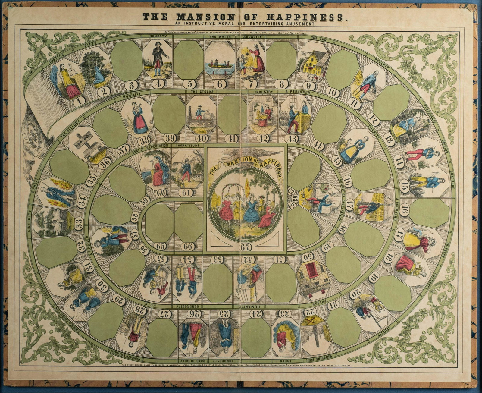 Antique Board Game "Mansion Of Happiness" 1843: Antique Board Game "Mansion Of Happiness" 1843, called "the first board game published in America", this framed and matted antique board is a slightly later edition of the 1843 original, and has been 
