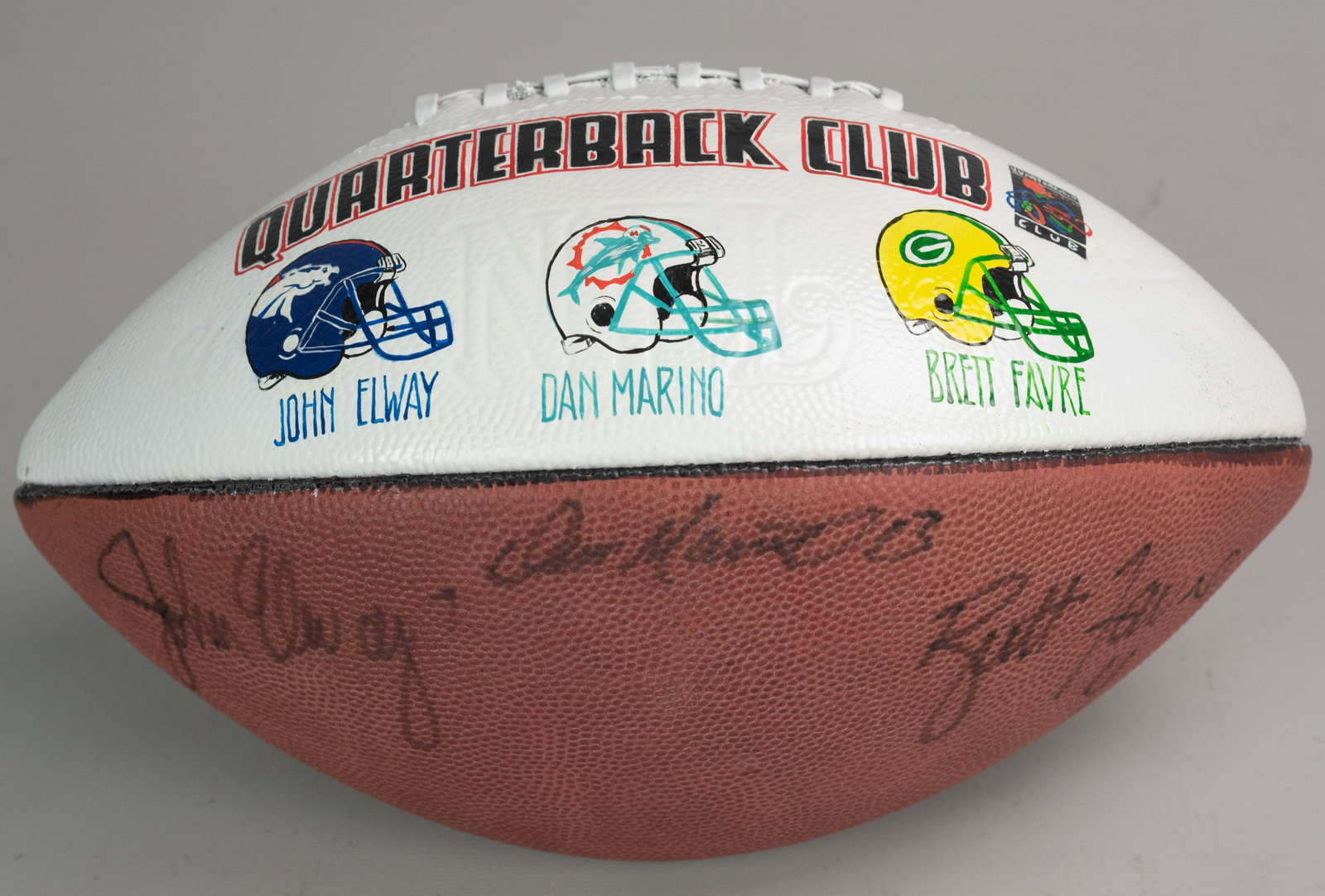 Full Size Signed Wilson Football, JSA Certified: Full size Wilson football in case, JSA certified, signed Quarterback Club panel, John Elway, Dan Marino, Brett Favre