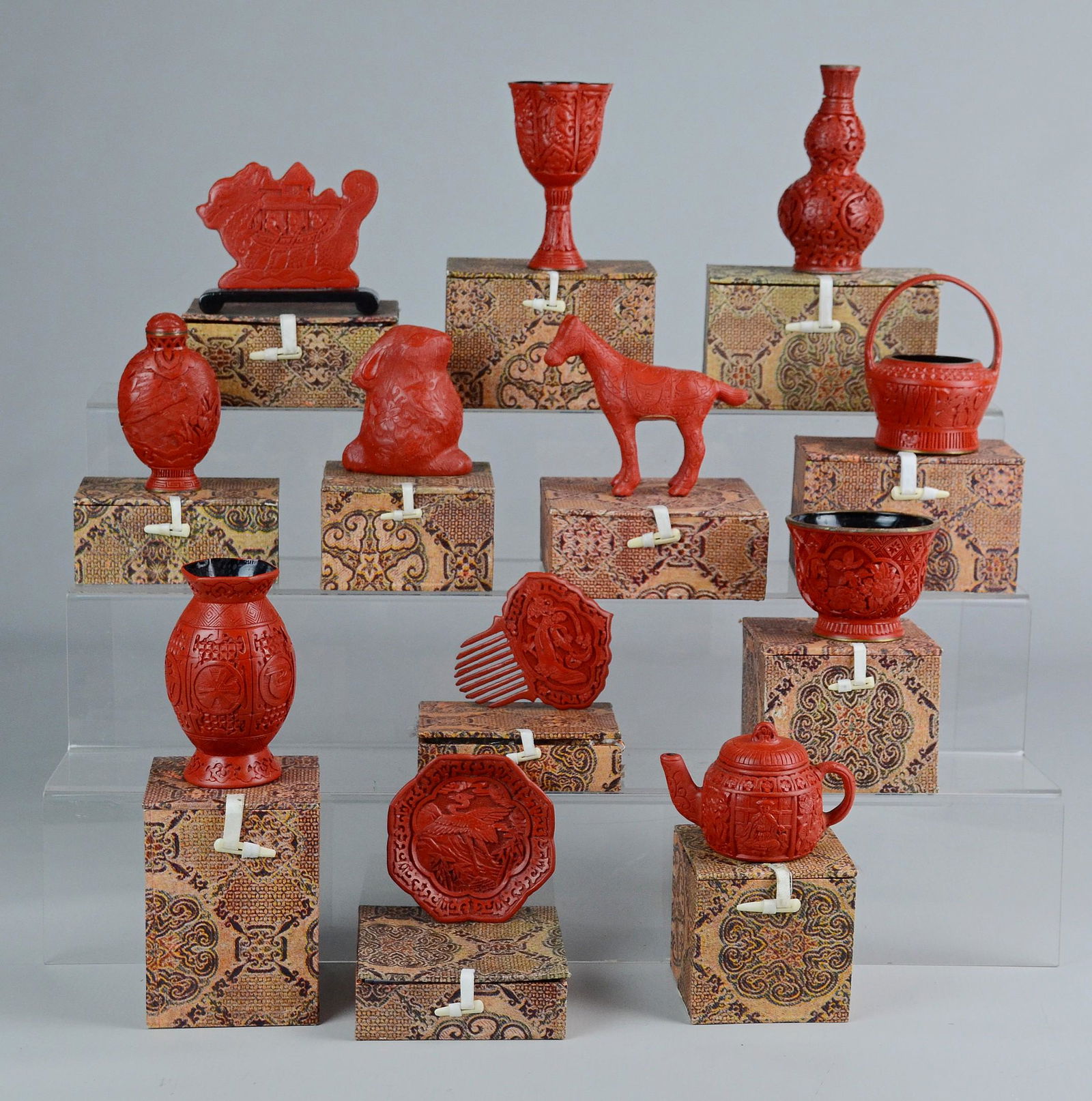 Treasures of the Twelve Moons Cinnabar Collection: The Treasures of the Twelve Moons Cinnabar Collection, Franklin Mint, 1984, made in China, 12 pieces of hand carved cinnabar, c/o lantern, lotus vase, plate, teapot, rabbit, dragon boat, peony bowl, f
