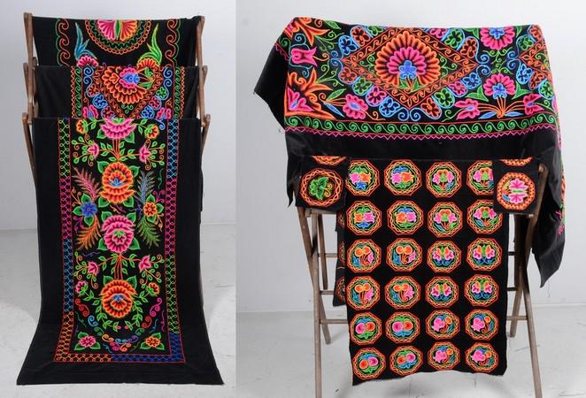 (6) Pcs Embroidered Velvet: (6) Pcs embroidered velvet c/o black velvet ground with brightly colored floral embroidery and gold highlights, perhaps pillow coverings. Largest portion 6ft x 3ft