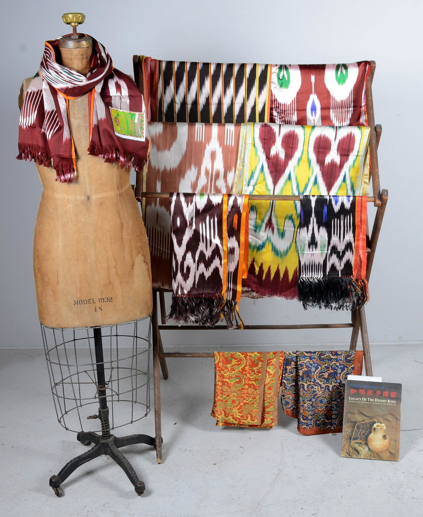 Silk Ikat Yardage and Scarves: Silk ikat yardage and scarves c/o (4) silk ikat portions 5+ yds each, (3) ikat scarves with fringe at edge, (2) silk scarves in reproduction ancient pattern and " legacy of The Desert King, Textiles a