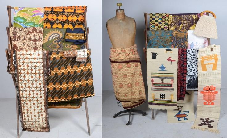 (10)+ Indonesian Batiks and Fabrics: (10)+ Indonesian Batiks and fabrics c/o wax processed batiks, embroidered jacquards, woven bag and (3) Andean embroideries.