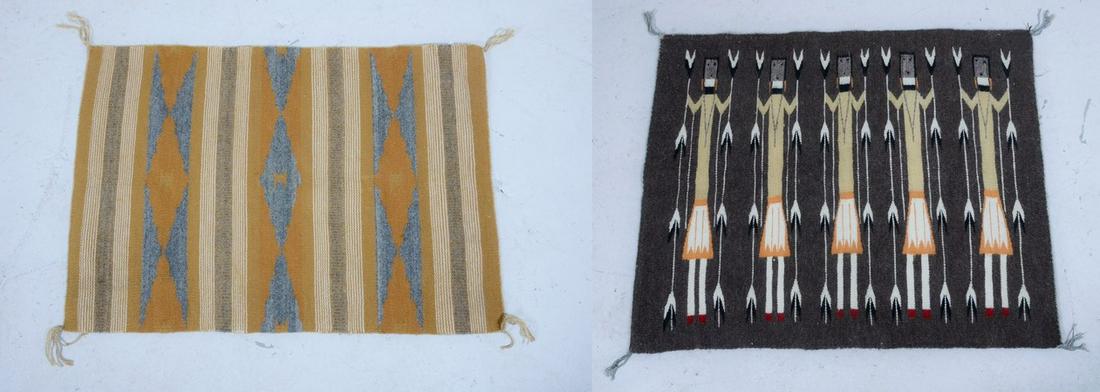 Chinle Attributed to Ruth Tsosie: Chinle titled " wide Ruins" attributed to Ruth Tsosie. Vegetable dyed, c. 1950s, 34"x24" also includes (1) 5 figure decorated Navajo rug.