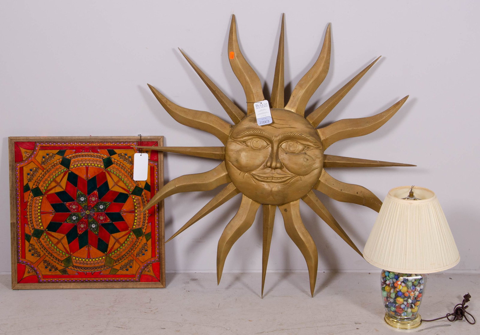 Framed leather game board, table lamp w/ marbles: Framed leather game board, table lamp w/ marbles, carved wood sun w/ gold paint, sun 43-1/2"diameter