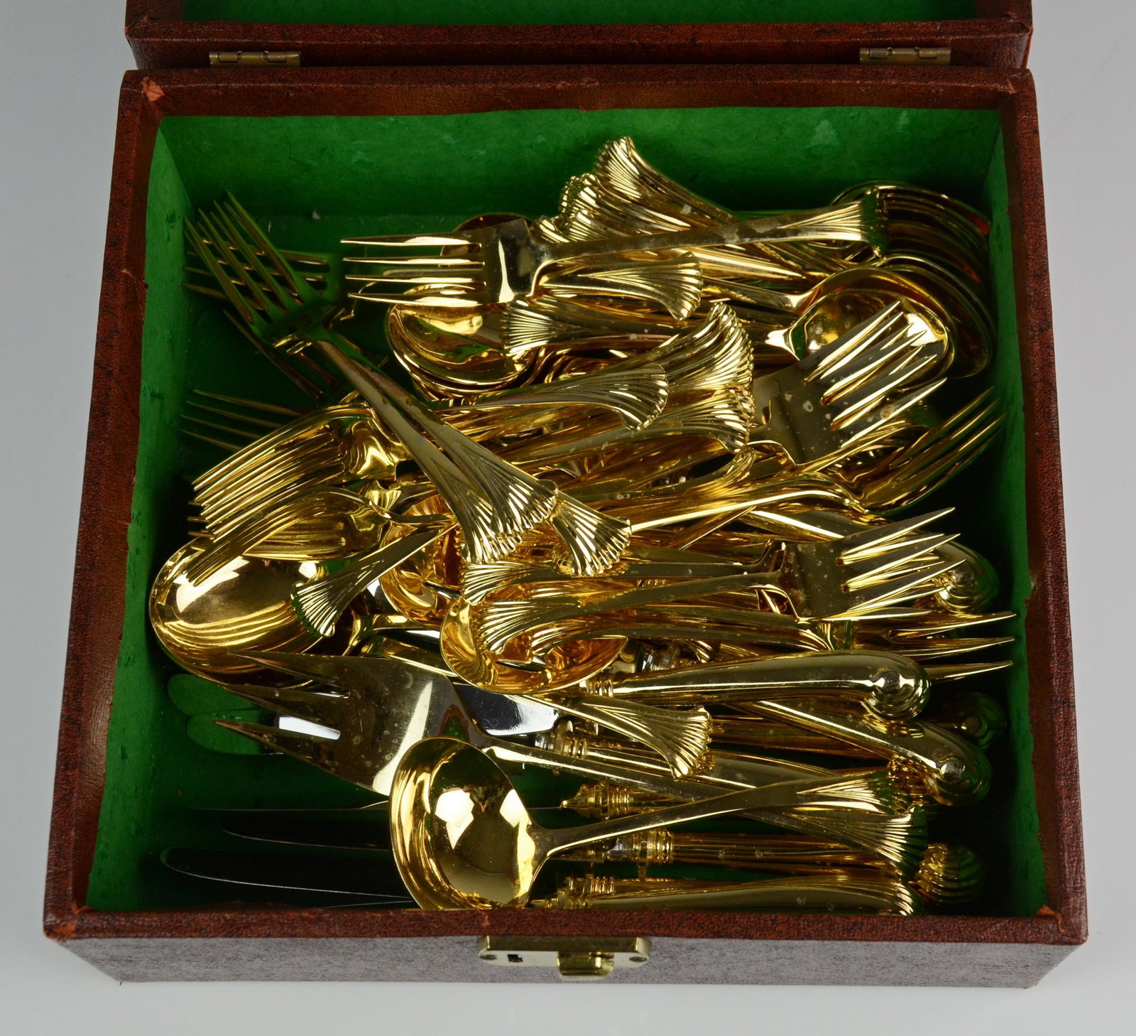 (75) Pcs Towle Gold Aristocrat Flatware: (75) Pcs Towle gold electroplate flatware, Aristocrat pattern, c/o 12 dinner knives, 12 dinner forks, 12 salad forks, 20 teaspoons, 12 soup spoons, 3 serving spoons, 2 slotted serving spoons, meat for