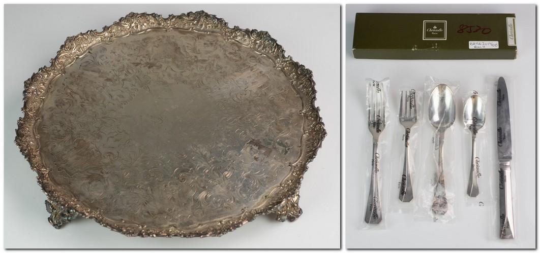 Silverplate Footed Tray and Flatware: Silverplate footed tray and flatware c/o English tray in ornate floral pattern with scrolling floral rim and flower form feet, 16" and (1) 5 piece Christofle Paris place setting in 'Atlantide'