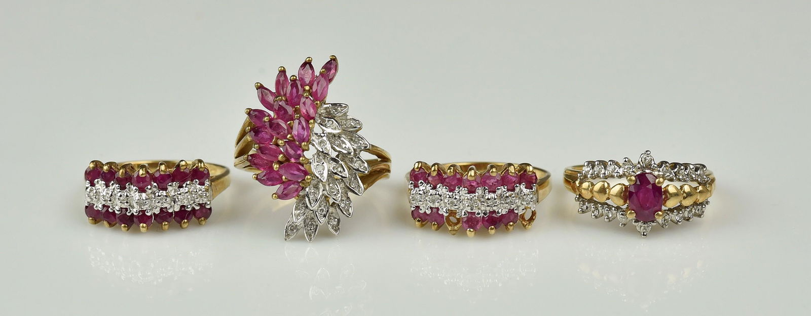 (4) PC lot of 10KYG Ruby Diamond Rings: (4) pc lot of 10K Yellow Gold ladies ruby and diamond rings. 7.4 Dwt. All rings are size: 6