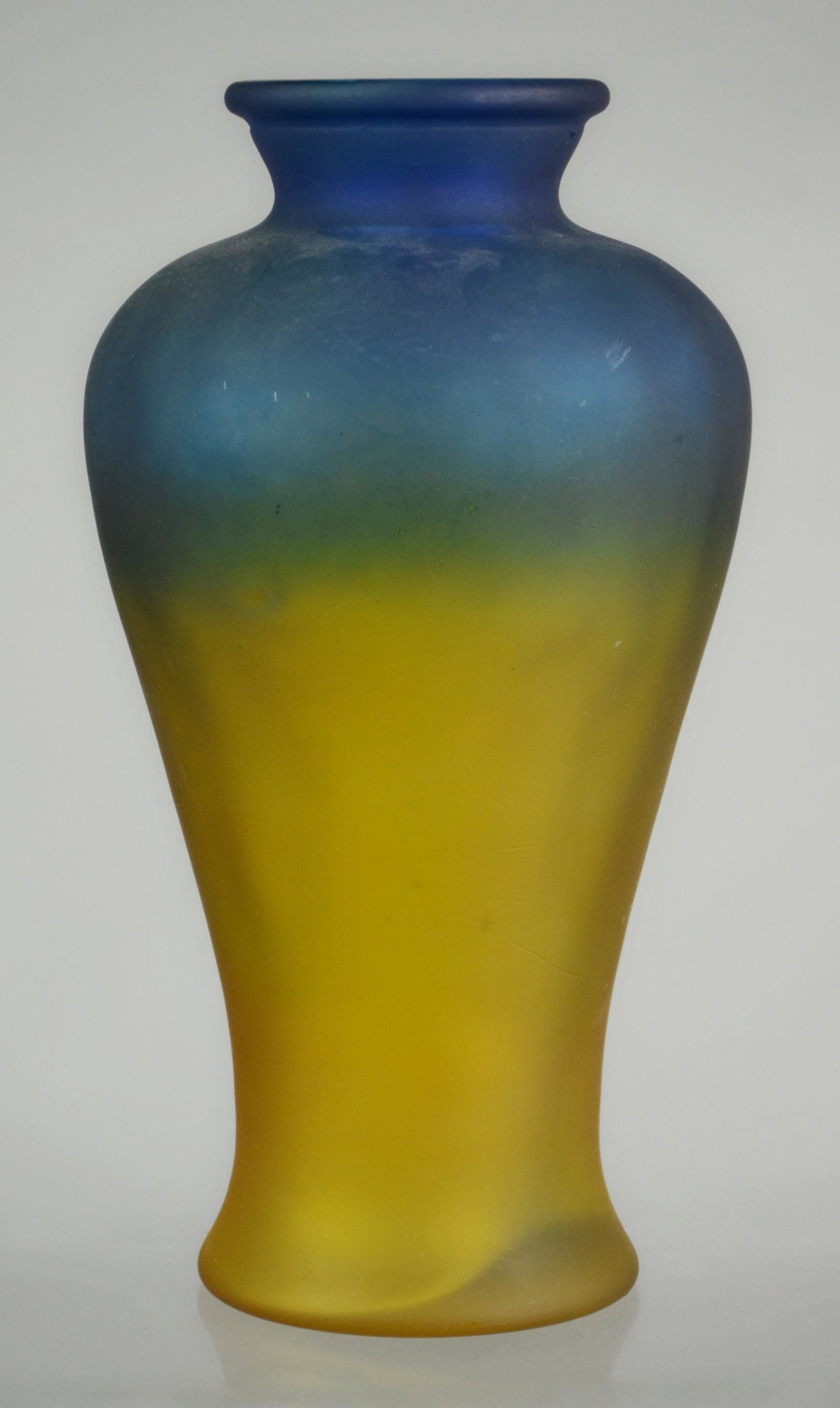 Blue to Yellow Frosted Glass Vase: Blue to yellow frosted glass vase, unsigned, appears to be mold blown, 13" h