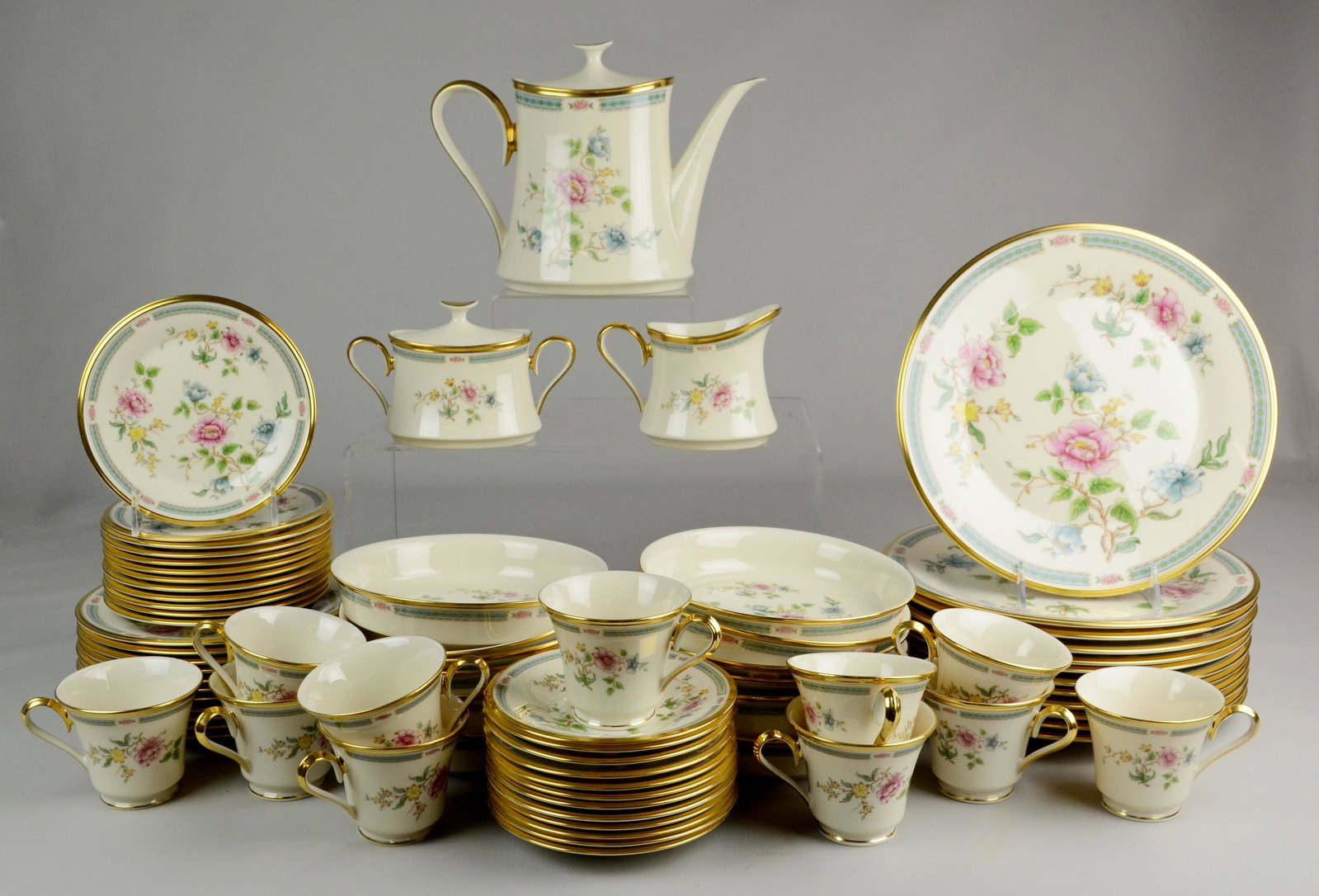 (75) Pcs Lenox Morning Blossom Dinnerware: (75) Pcs Lenox porcelain dinnerware, Morning Blossom pattern, c/o 12 dinner plates, 11 salad plates, 12 B&B plates, 12 soup bowls, 11 teacups, 12 saucers, 2 oval platters, teapot, sugar, creamer