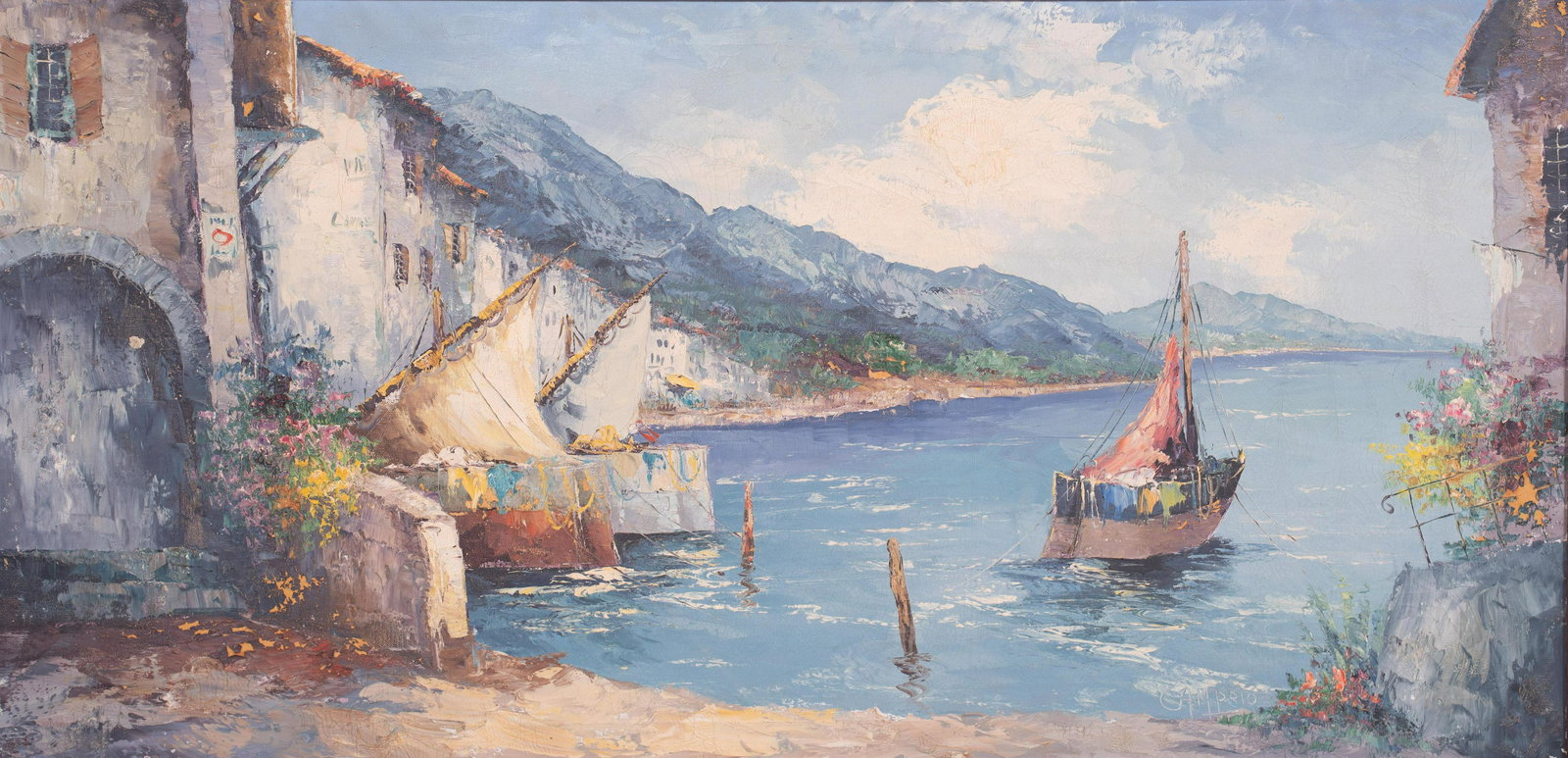 Giovanni Camprio Mediterranean Coastal Painting: Giovanni Camprio (Italian, 1915-1999) Mediterranean coastal painting, oil on canvas, signed "Camprio", 24" x 48", framed 28-1/2" x 52-1/2", good condition with age cracking