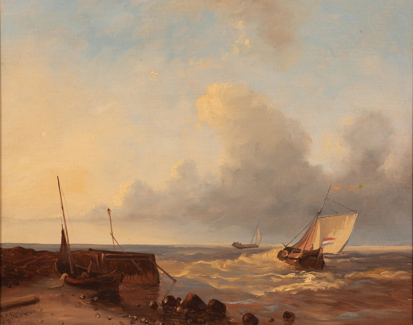 J. G. Biljerman Marine Painting with Boats: J. G. Biljerman, 19th C. Scandinavian marine painting with boats, oil on canvas laid on board, signed lower left, 13-3/4" x 17", framed 18-5/8" x 22", good condition
