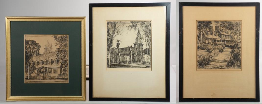 Earl Horter (3) Etchings Williamsburg Landmarks: Earl Horter (American, 1881-1940) PA artist, (3) etchings Williamsburg landmarks, "Raleigh Tavern", "Bruton Church" and "Coke Garrett House", etching on paper, pencil signed "E. Horter", each approx.